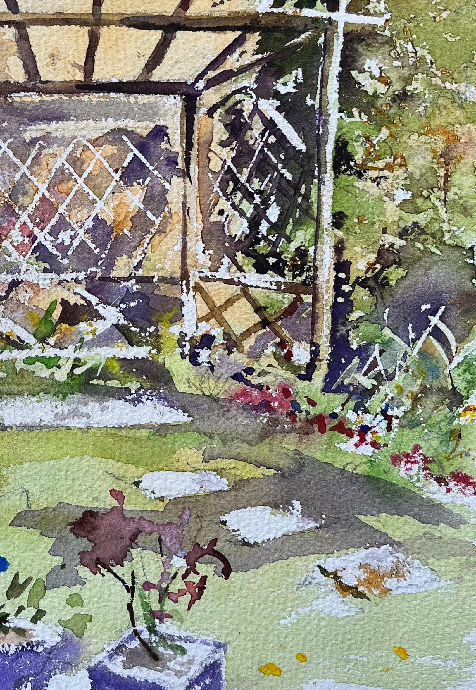 Acuarela británica de un pintoresco jardín con enrejado y flores - Painting Impresionista de Anthony Avery