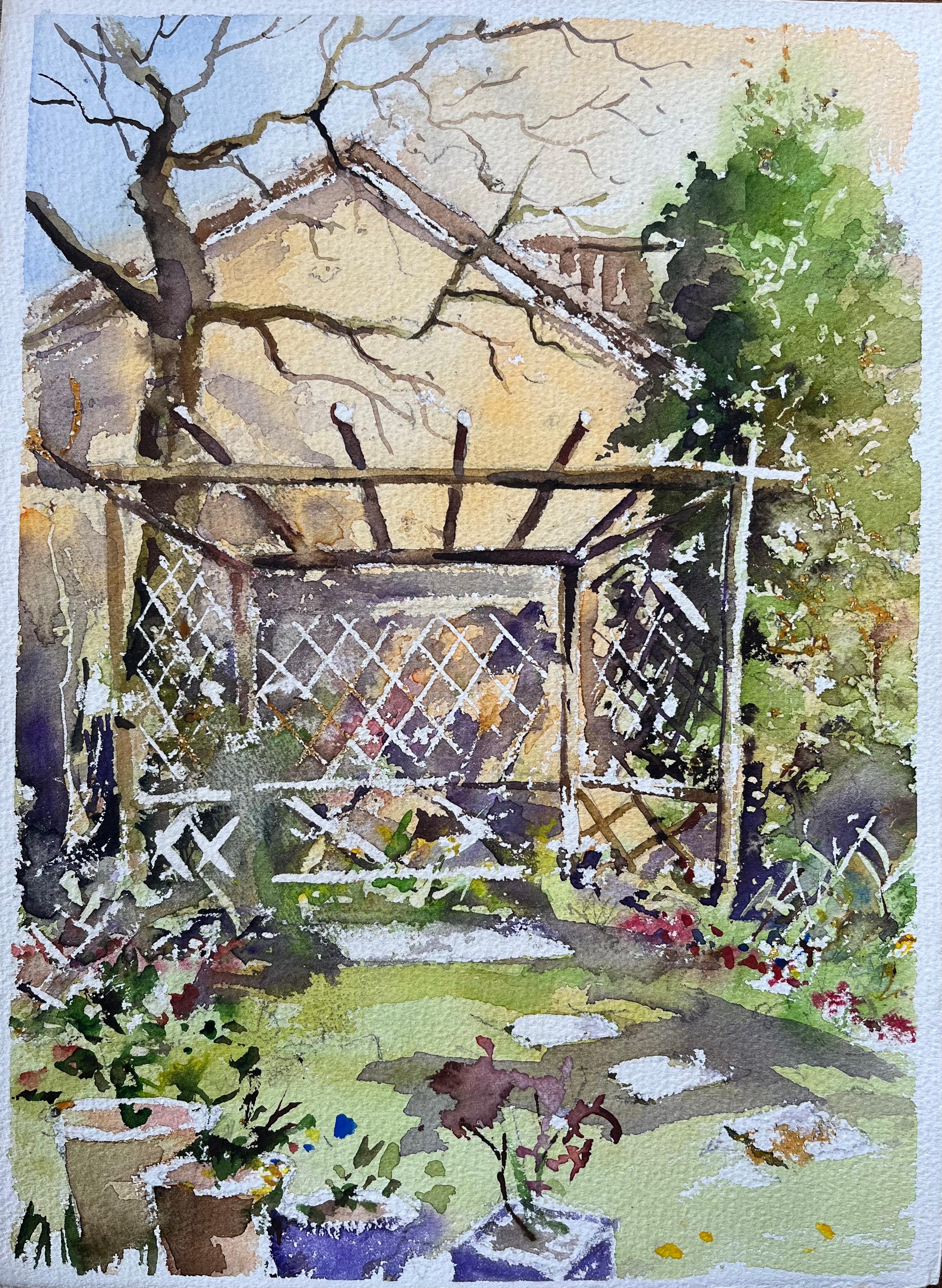 Britisches Aquarell eines malerischen Gartens mit Spalier- und Blütenblättern