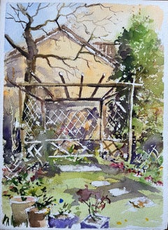 British Watercolor of a Quaint Garden with Trellis and Blossoms