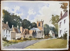 British Watercolor of a Quaint Village Scene with Church