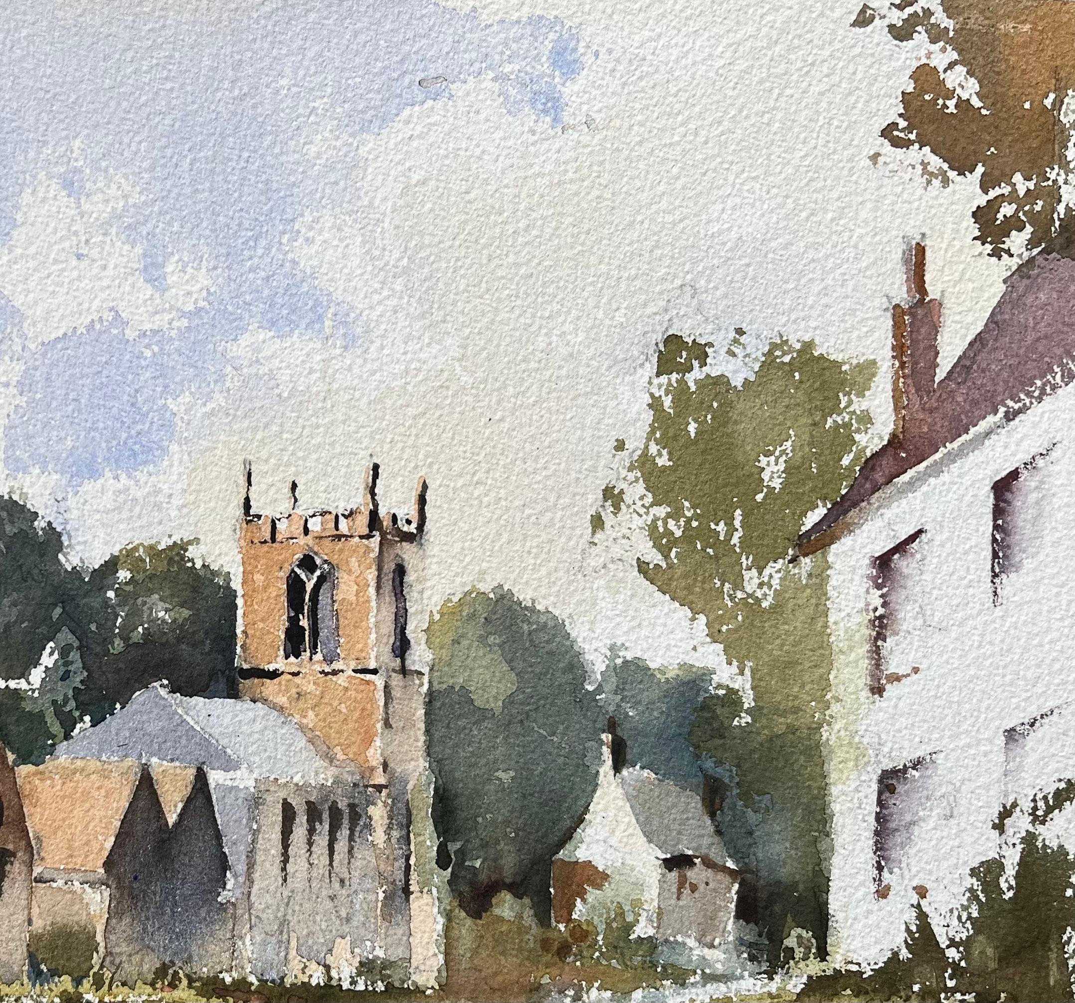Acuarela británica de una pintoresca escena de pueblo con iglesia - Landscape Painting Gris de Anthony Avery