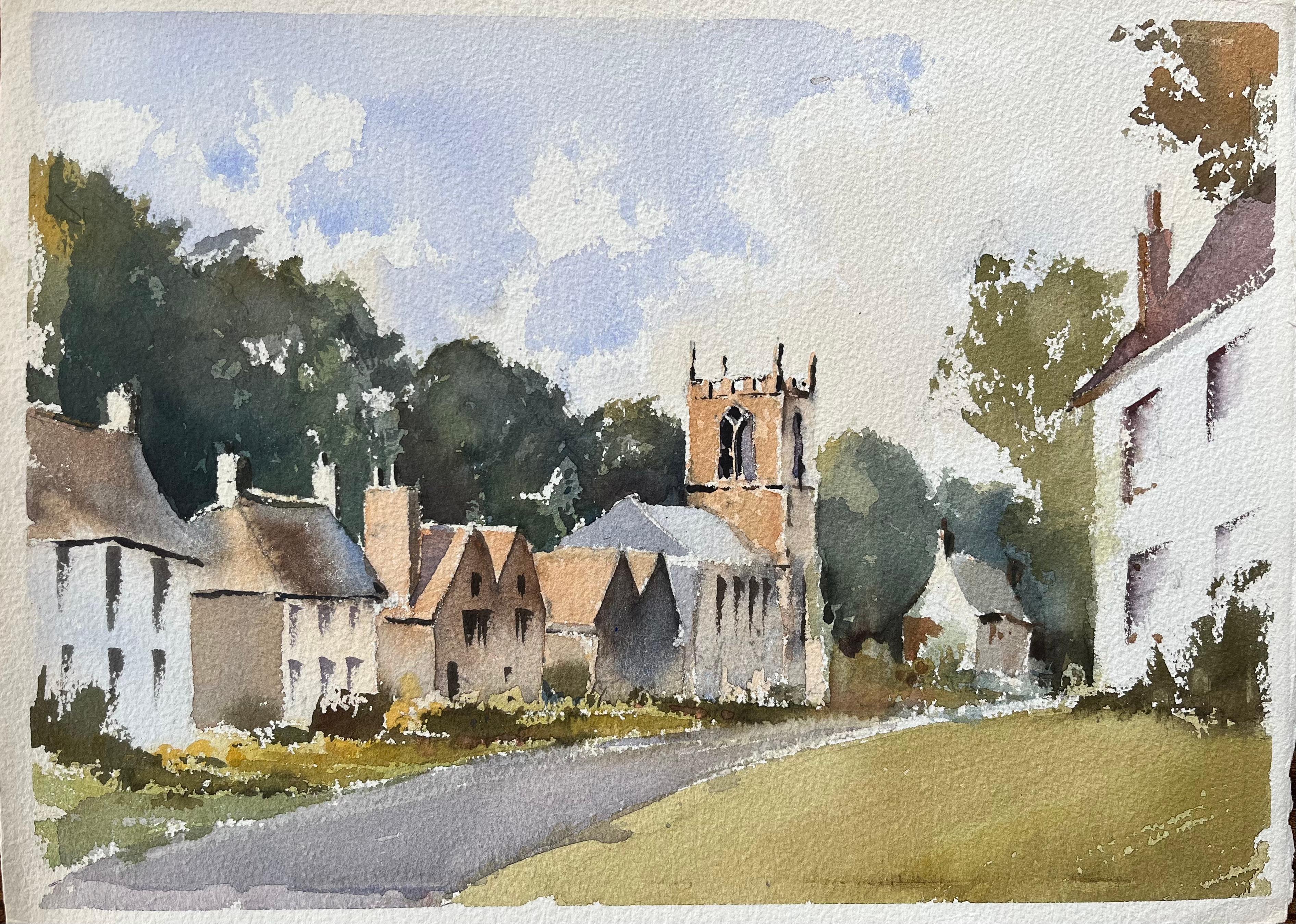 Landscape Painting de Anthony Avery - Acuarela británica de una pintoresca escena de pueblo con iglesia