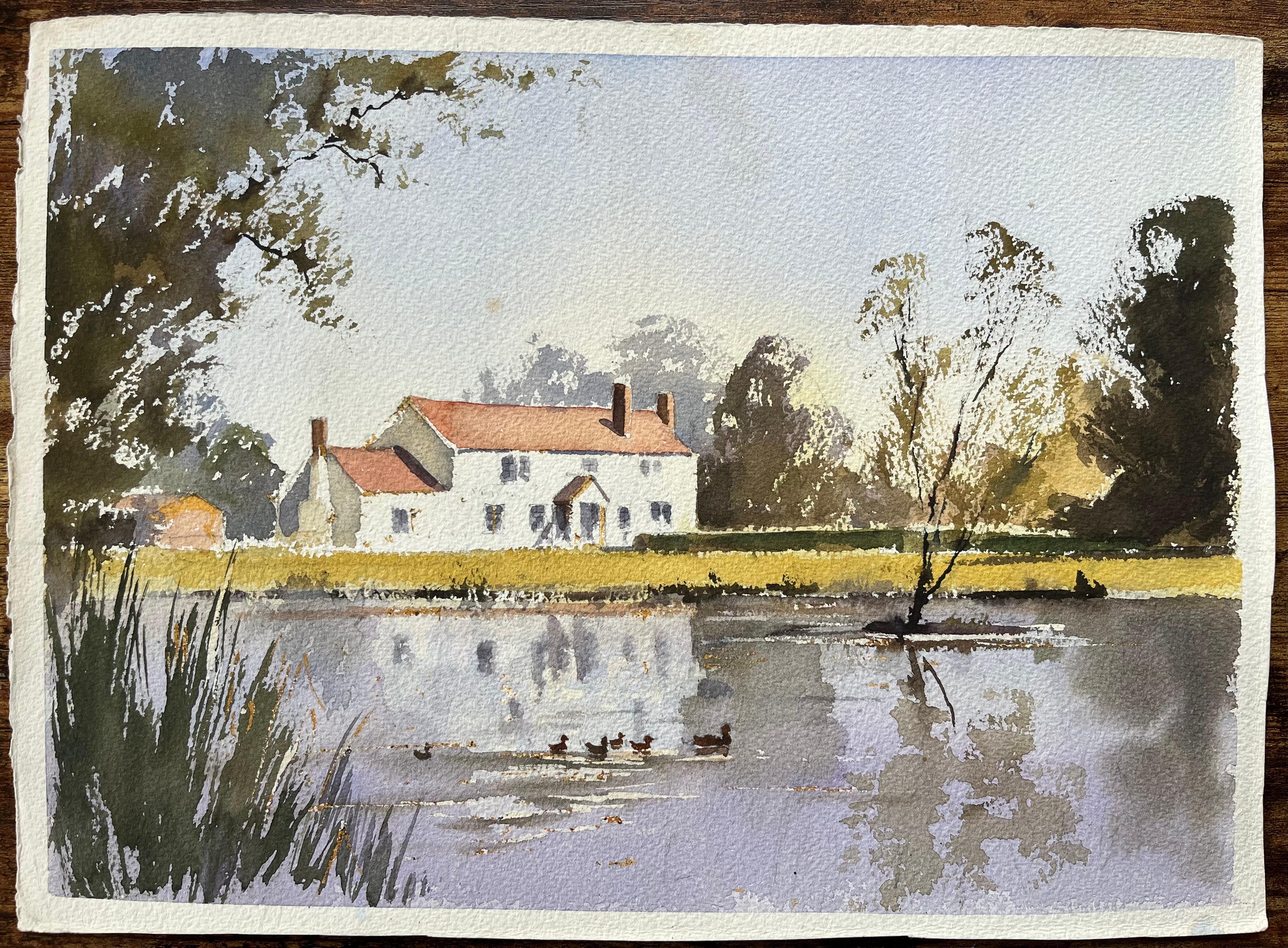 Britisches Aquarell eines Flussufers mit Enten, Britisch – Painting von Anthony Avery