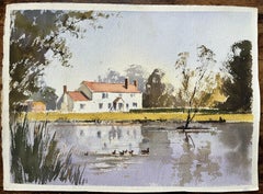 British Watercolor of a Riverside Cottage with Ducks