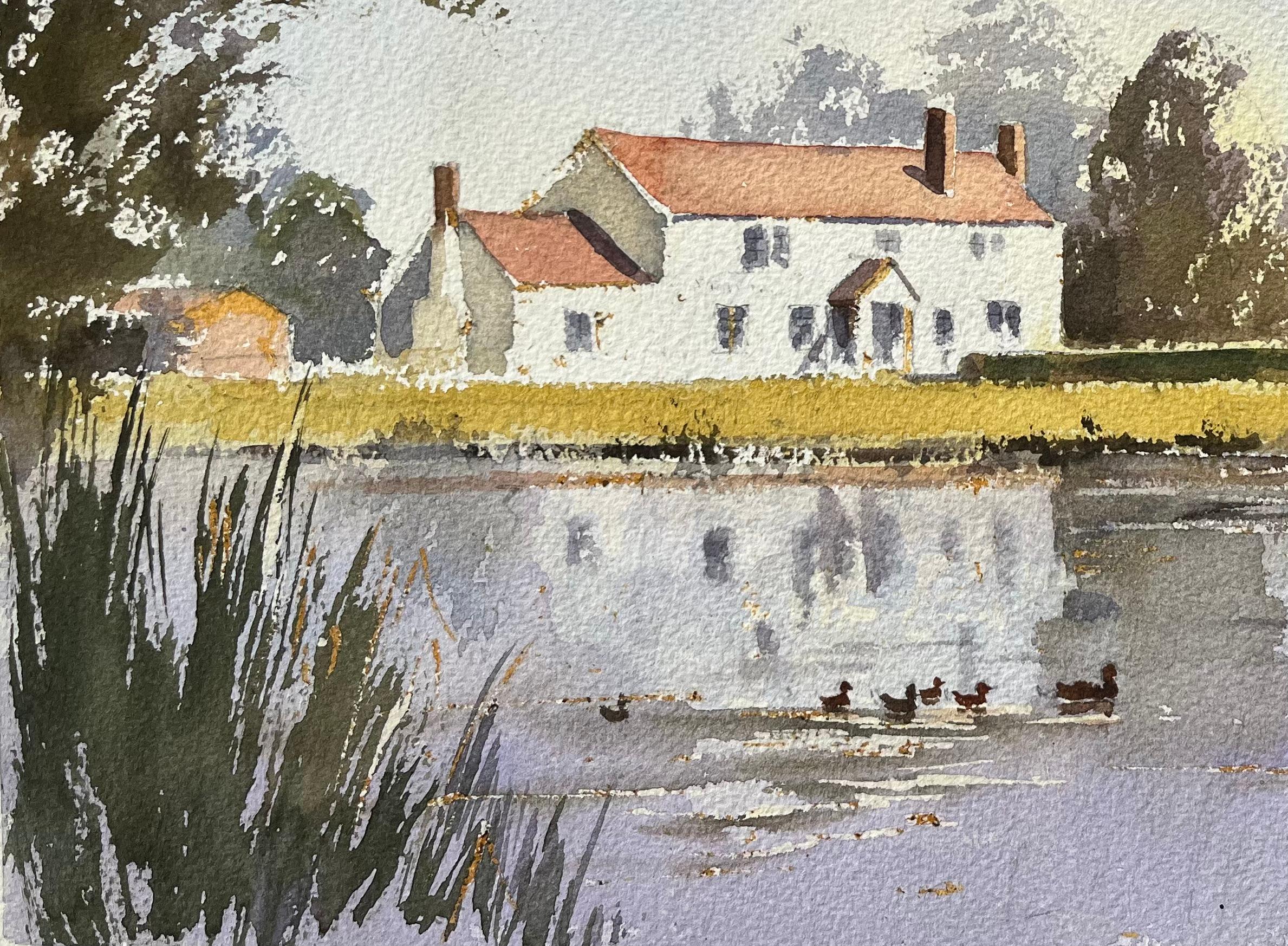 Britisches Aquarell eines Flussufers mit Enten, Britisch (Grau), Landscape Painting, von Anthony Avery