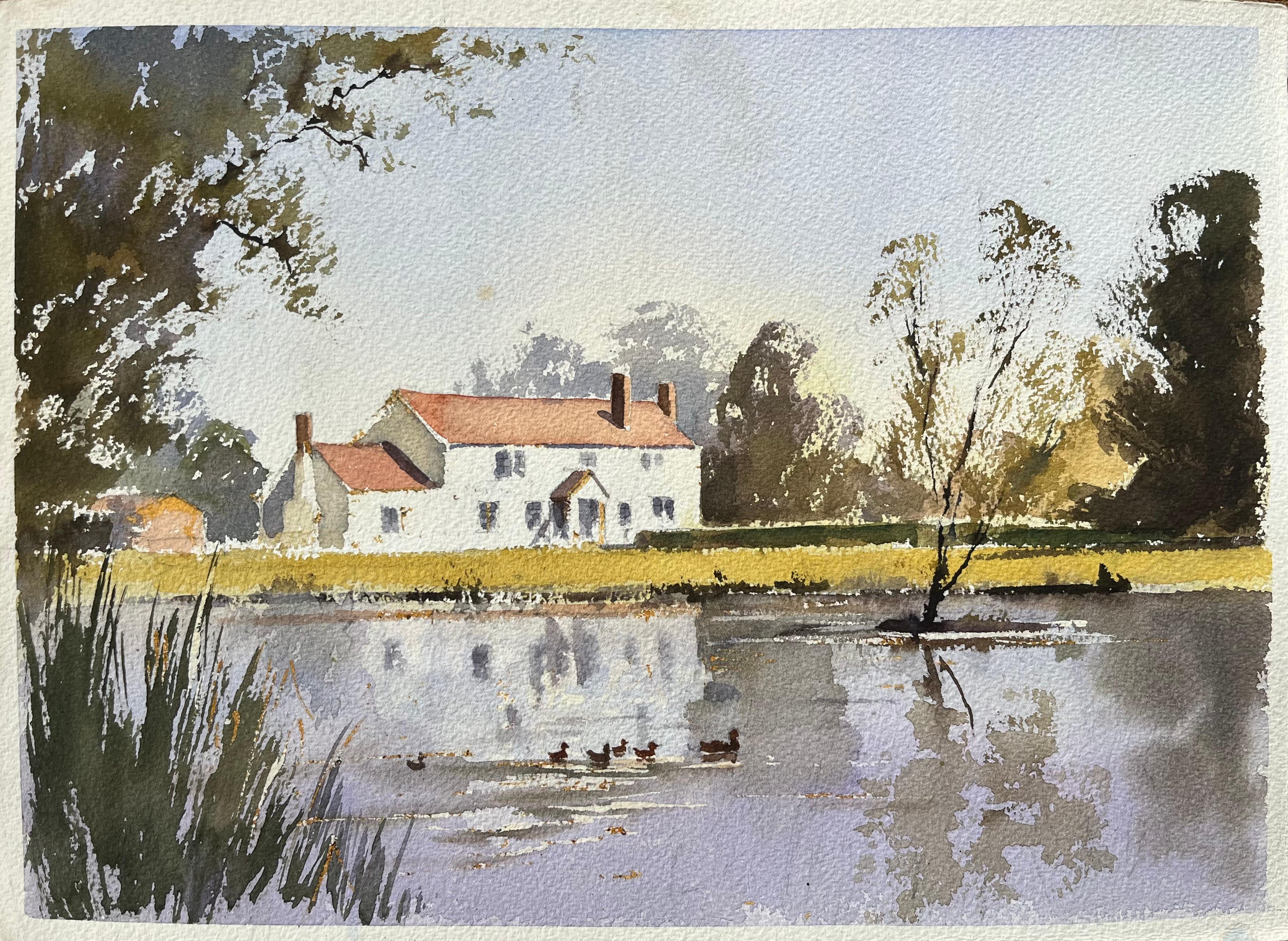 Britisches Aquarell eines Flussufers mit Enten, Britisch