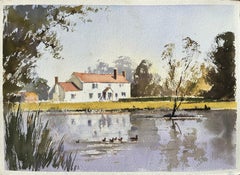 British Watercolor of a Riverside Cottage with Ducks