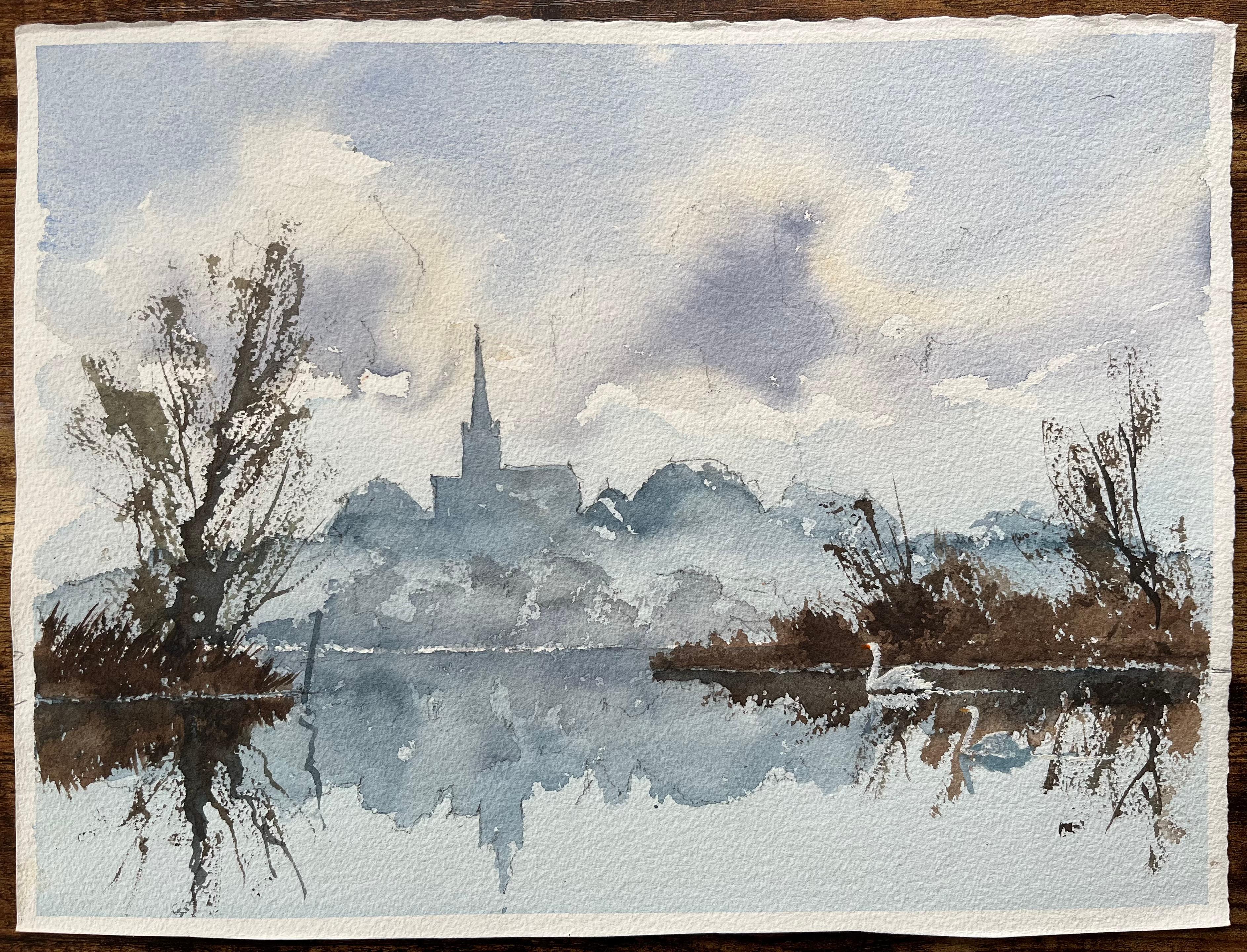 British Watercolor of a Riverside Silhouette with Reflections and a Swan - Painting by Anthony Avery