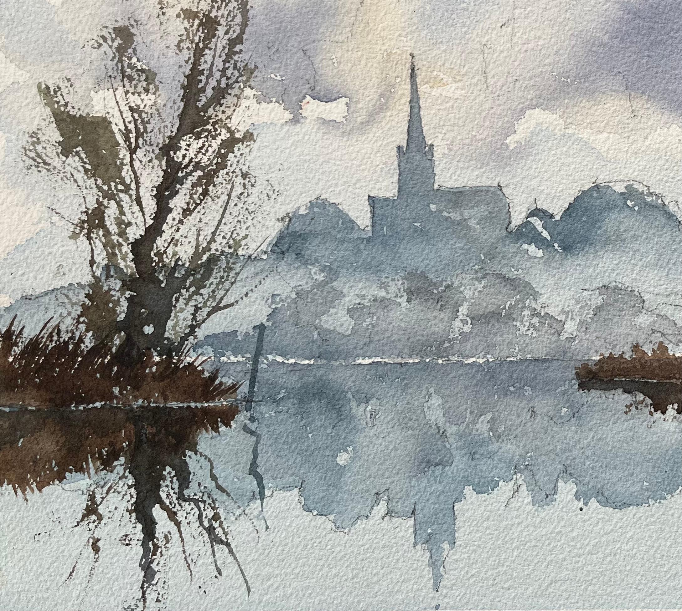 British Watercolor of a Riverside Silhouette with Reflections and a Swan - Impressionist Painting by Anthony Avery