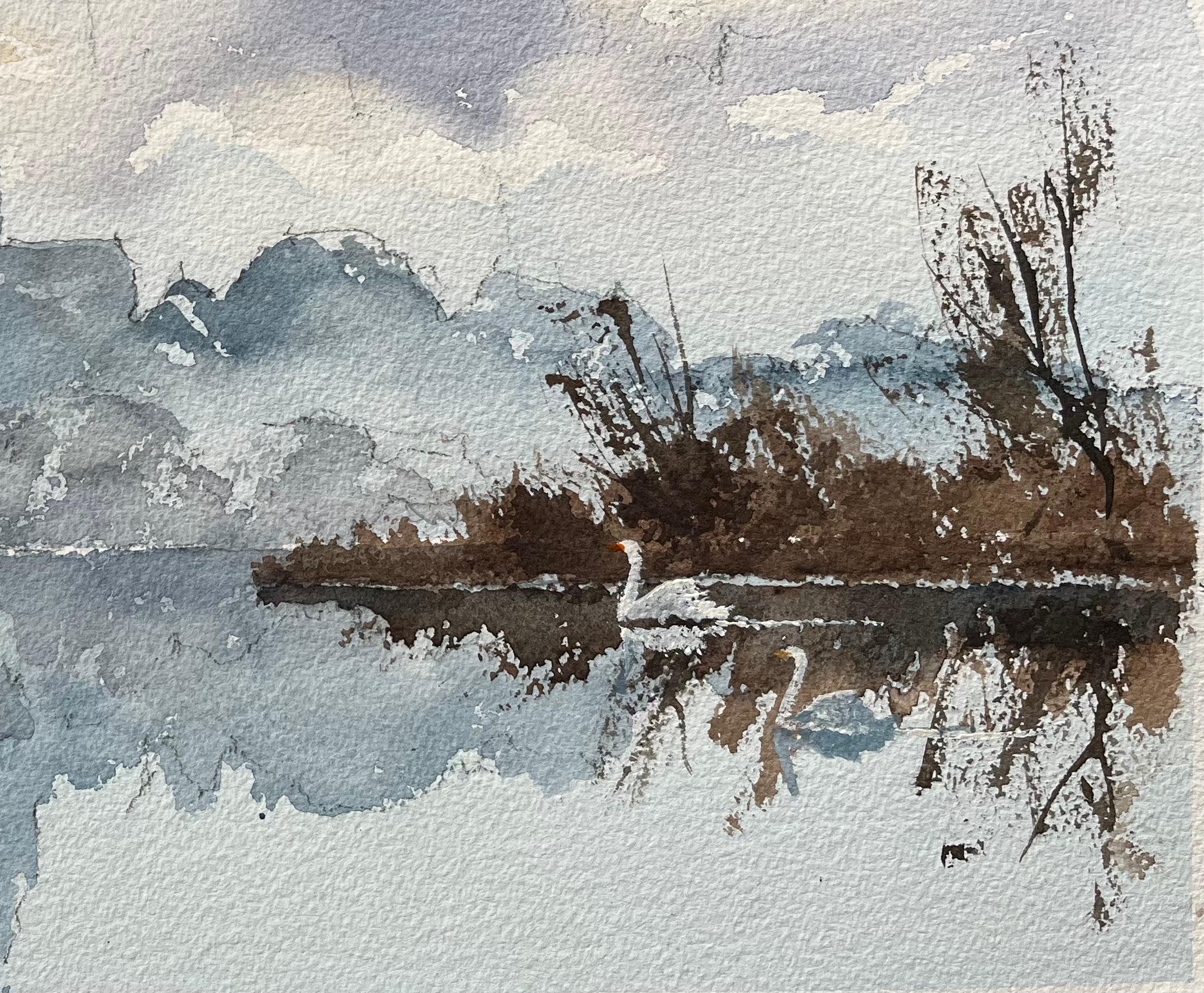 British Watercolor of a Riverside Silhouette with Reflections and a Swan - Gray Landscape Painting by Anthony Avery