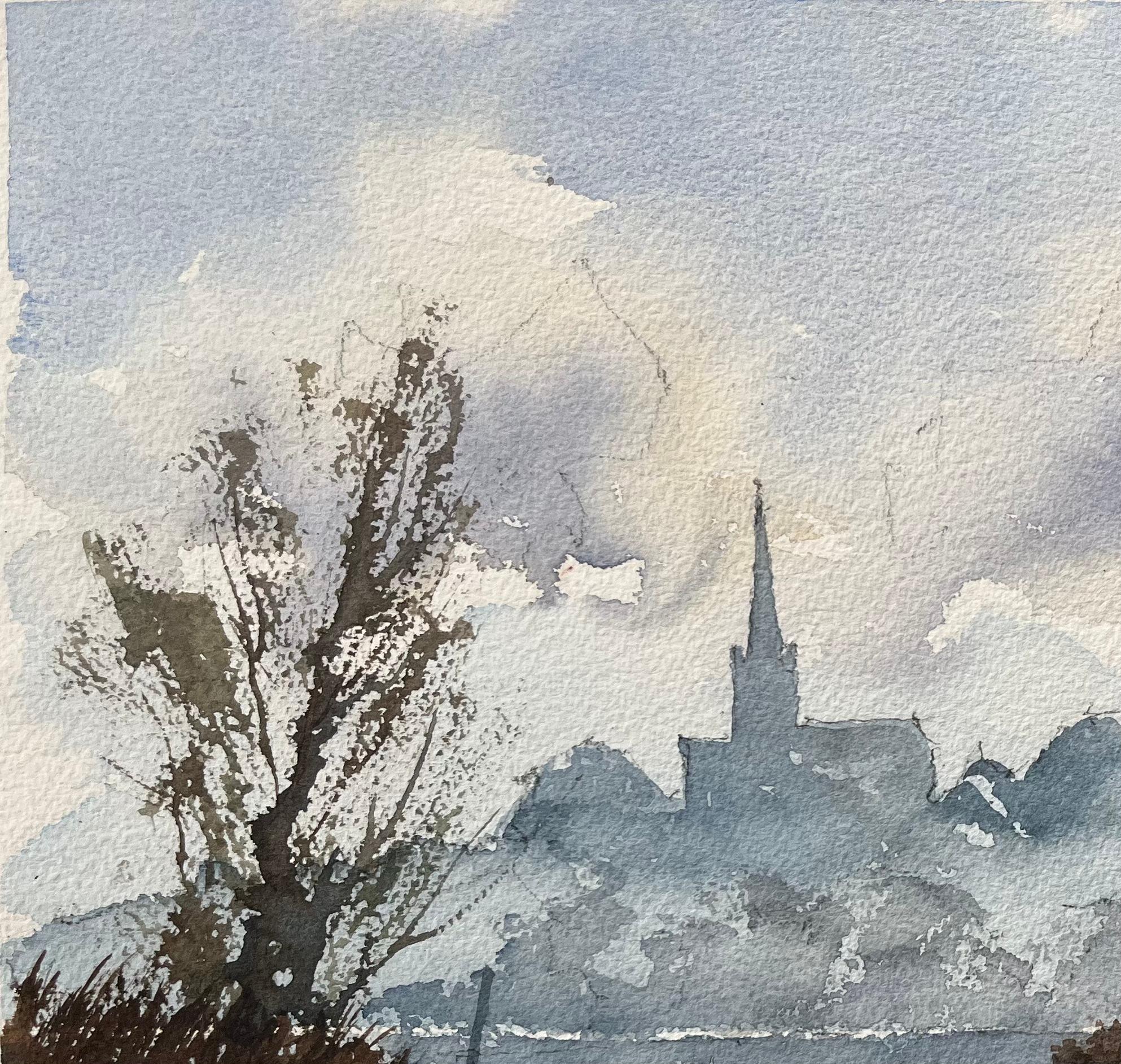 British Watercolor of a Riverside Silhouette with Reflections and a Swan For Sale 1