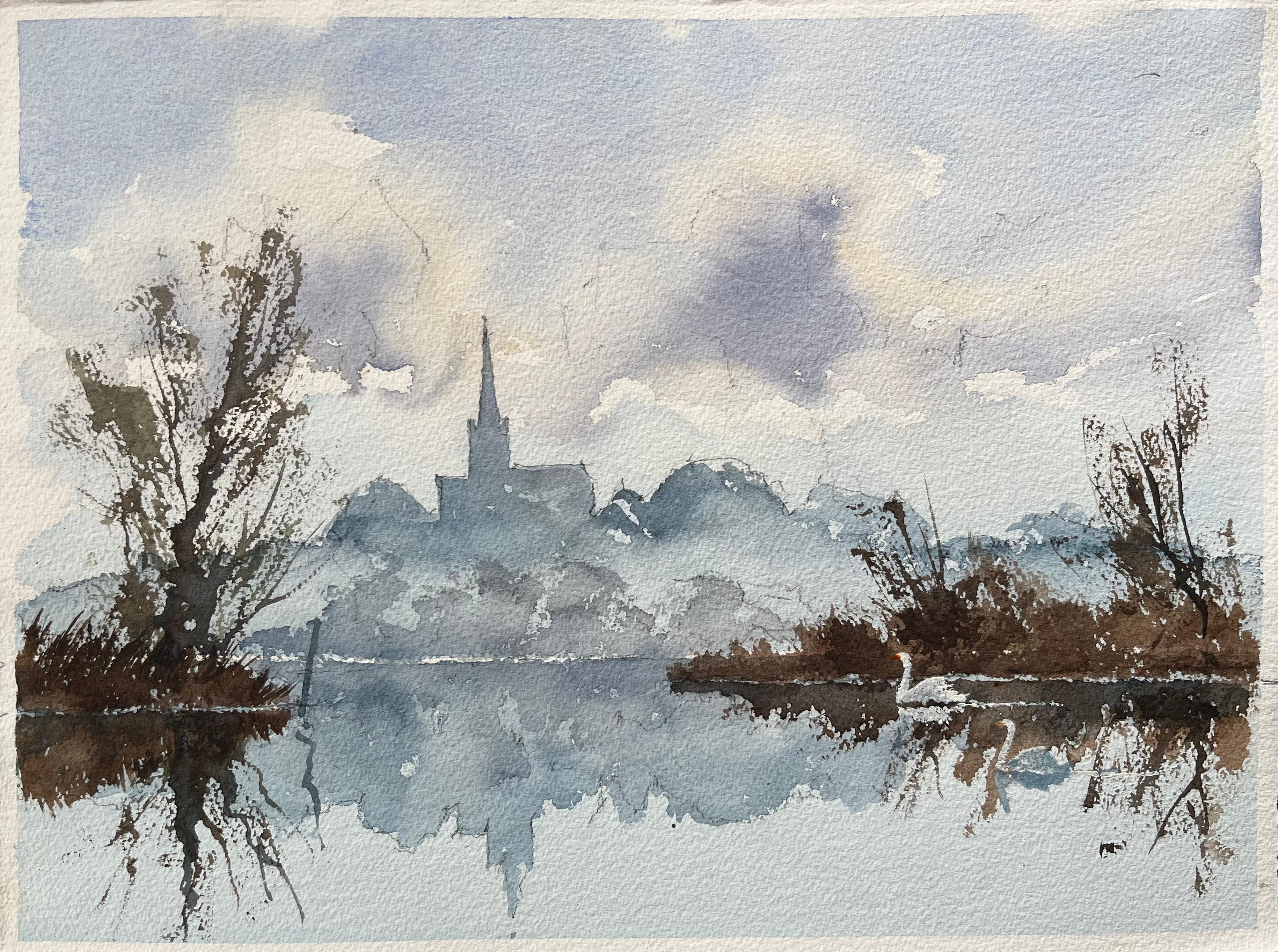 Anthony Avery Landscape Painting - British Watercolor of a Riverside Silhouette with Reflections and a Swan