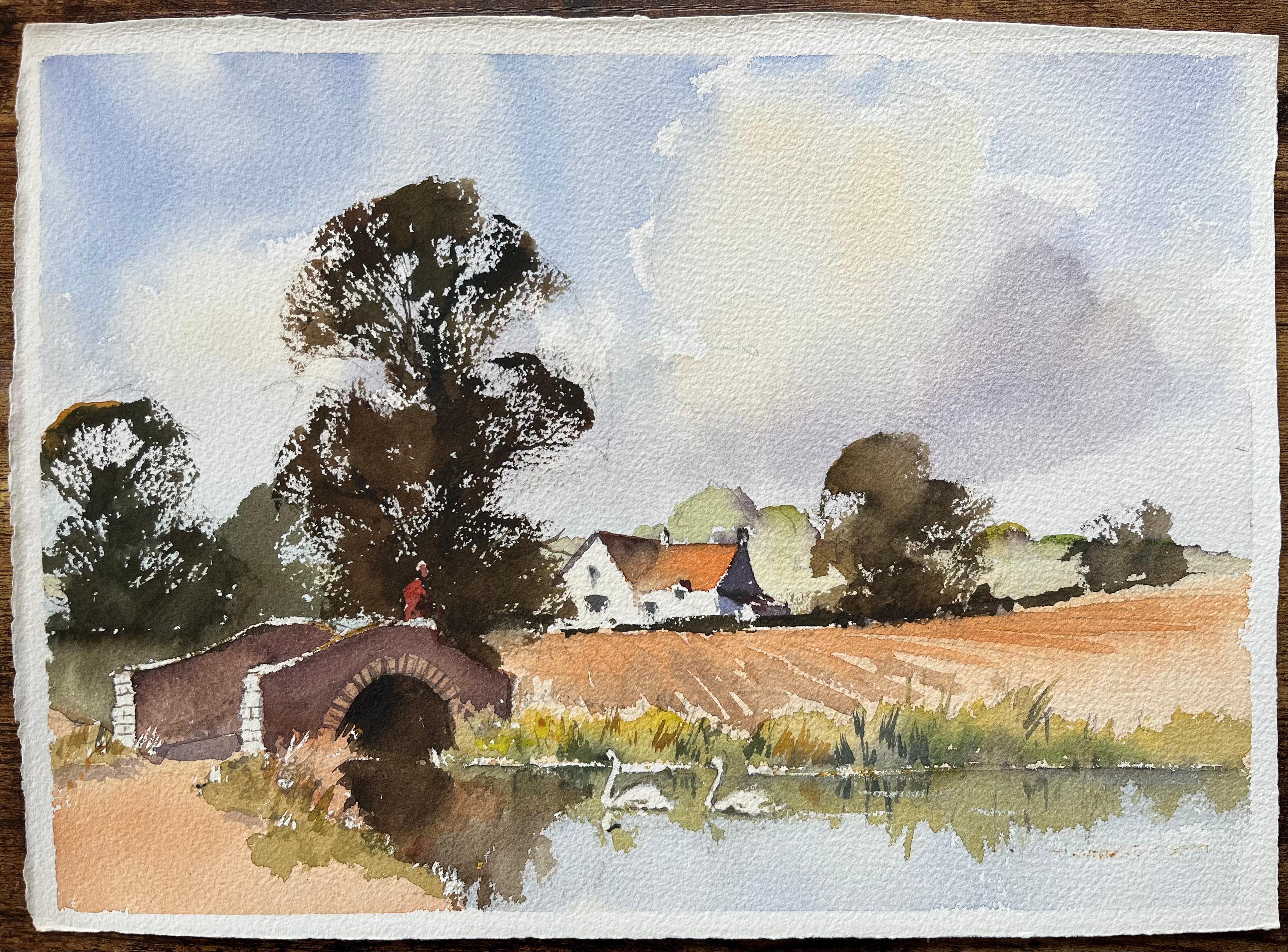 Britisches Aquarell einer rustikalen Brücke mit Schwanen auf einem Kalbs Fluss, Britisch – Painting von Anthony Avery