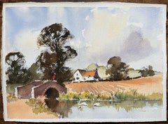 British Watercolor of a Rustic Bridge with Swans on a Calm River