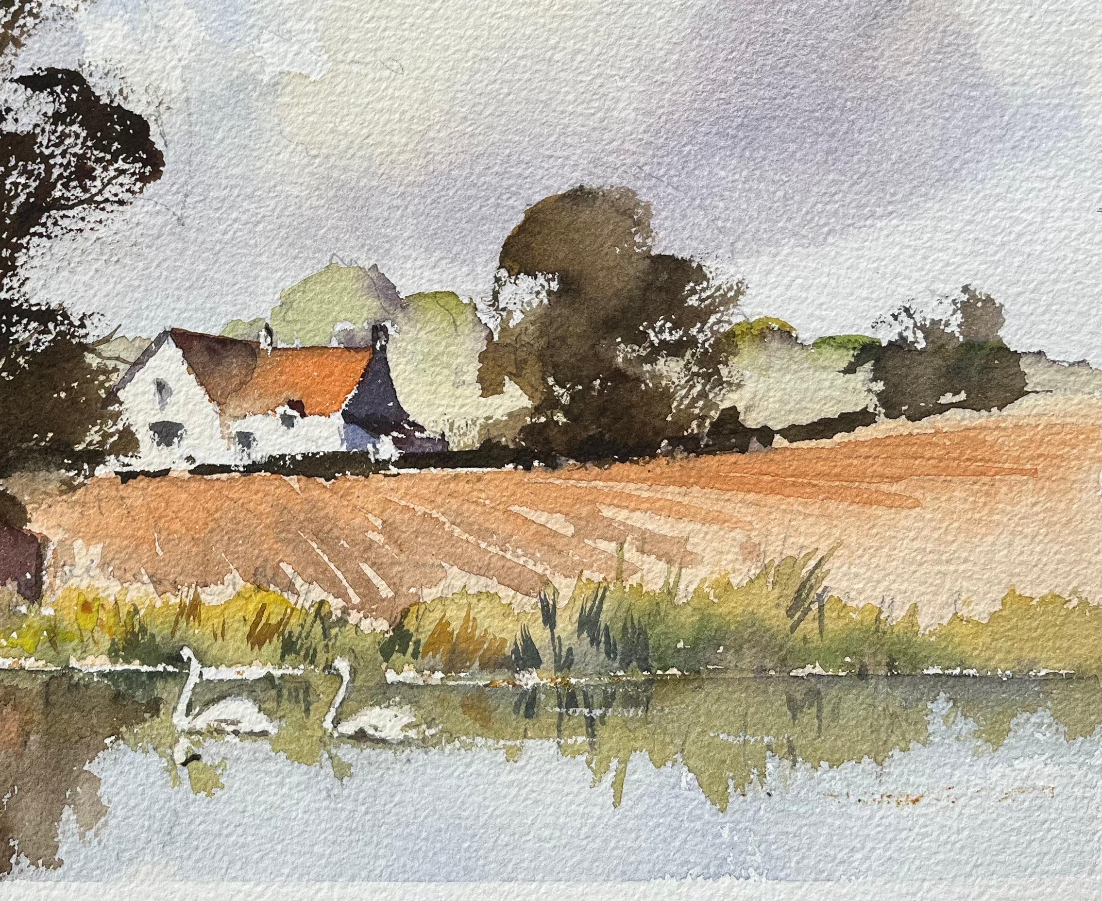 Britisches Aquarell einer rustikalen Brücke mit Schwanen auf einem Kalbs Fluss, Britisch (Impressionismus), Painting, von Anthony Avery
