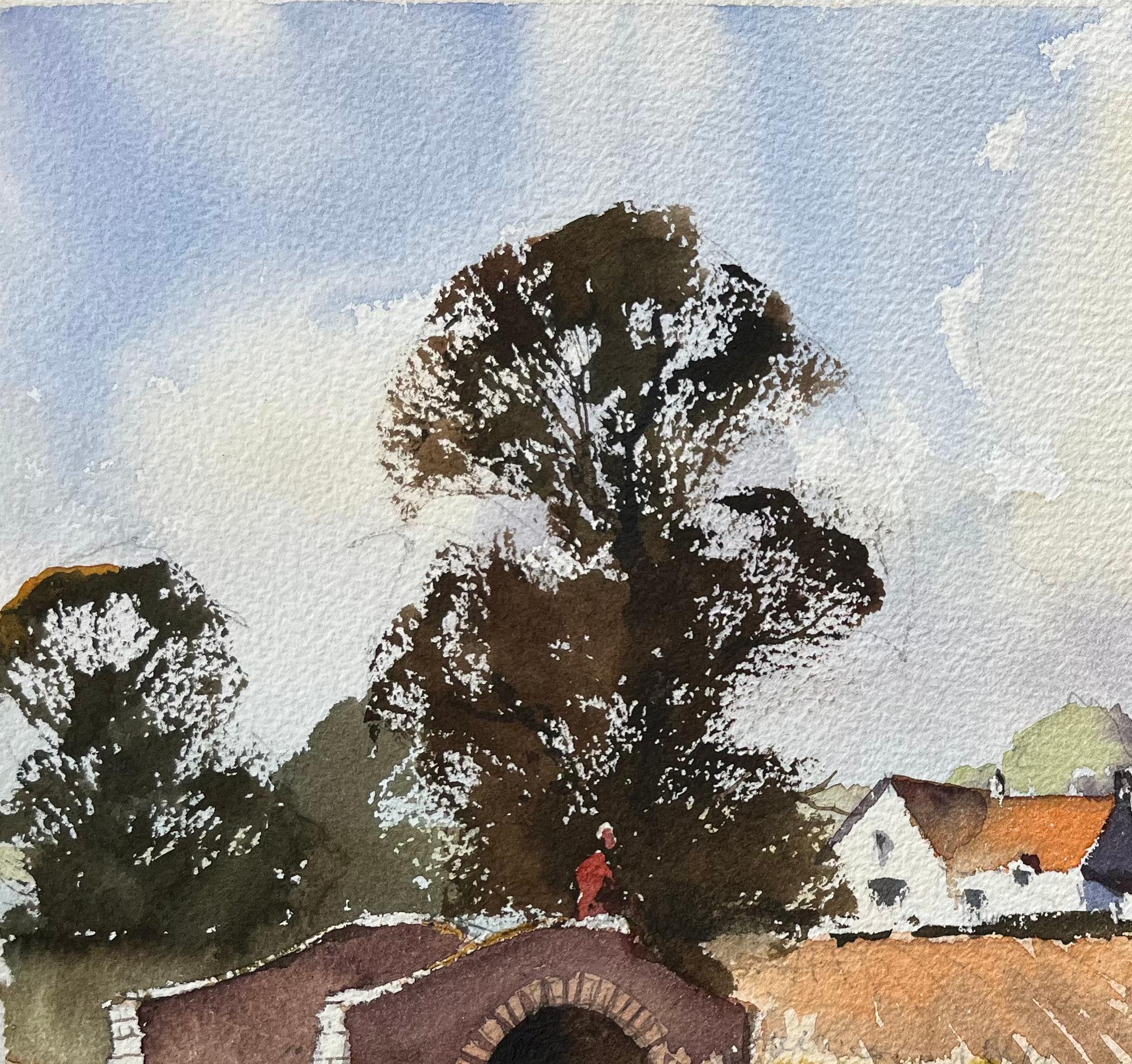 Britisches Aquarell einer rustikalen Brücke mit Schwanen auf einem Kalbs Fluss, Britisch (Grau), Landscape Painting, von Anthony Avery