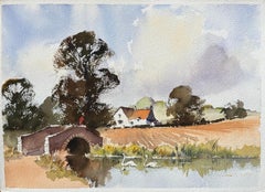 Britisches Aquarell einer rustikalen Brücke mit Schwanen auf einem Kalbs Fluss, Britisch