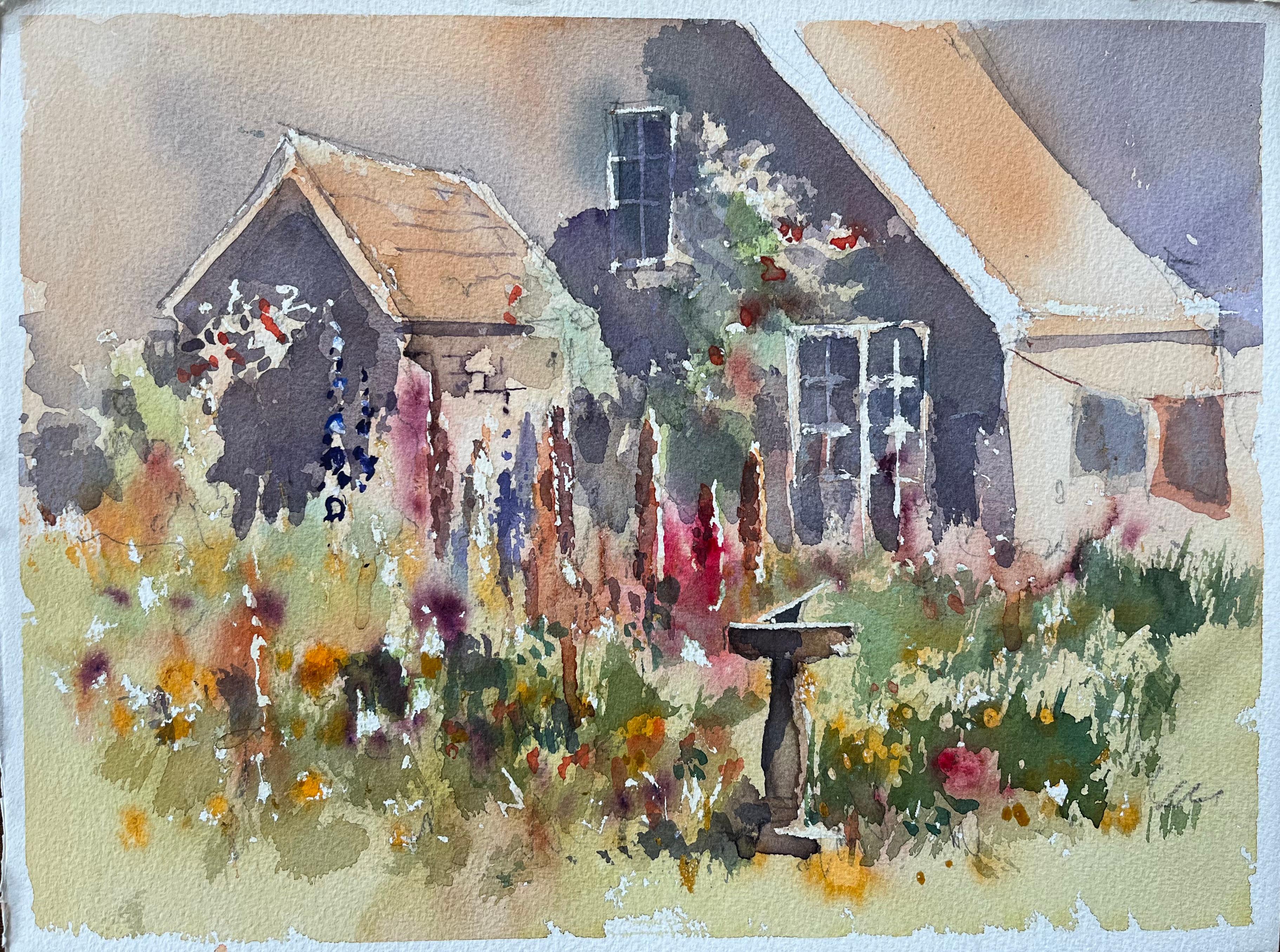 Britisches Aquarell eines rustikalen Cottage-Gartens in voller Blüte – Painting von Anthony Avery