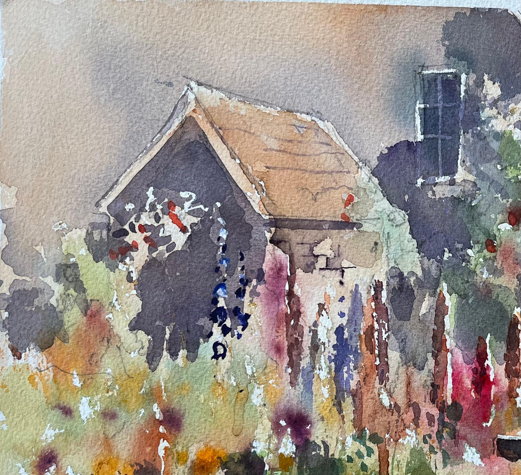 Britisches Aquarell eines rustikalen Cottage-Gartens in voller Blüte (Grau), Landscape Painting, von Anthony Avery