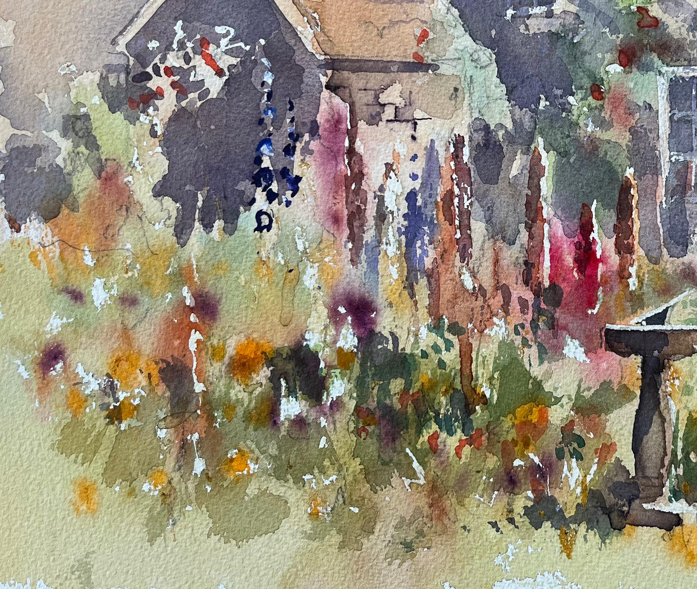 Britisches Aquarell eines rustikalen Cottage-Gartens in voller Blüte im Angebot 1