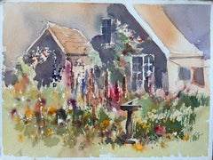Britisches Aquarell eines rustikalen Cottage-Gartens in voller Blüte