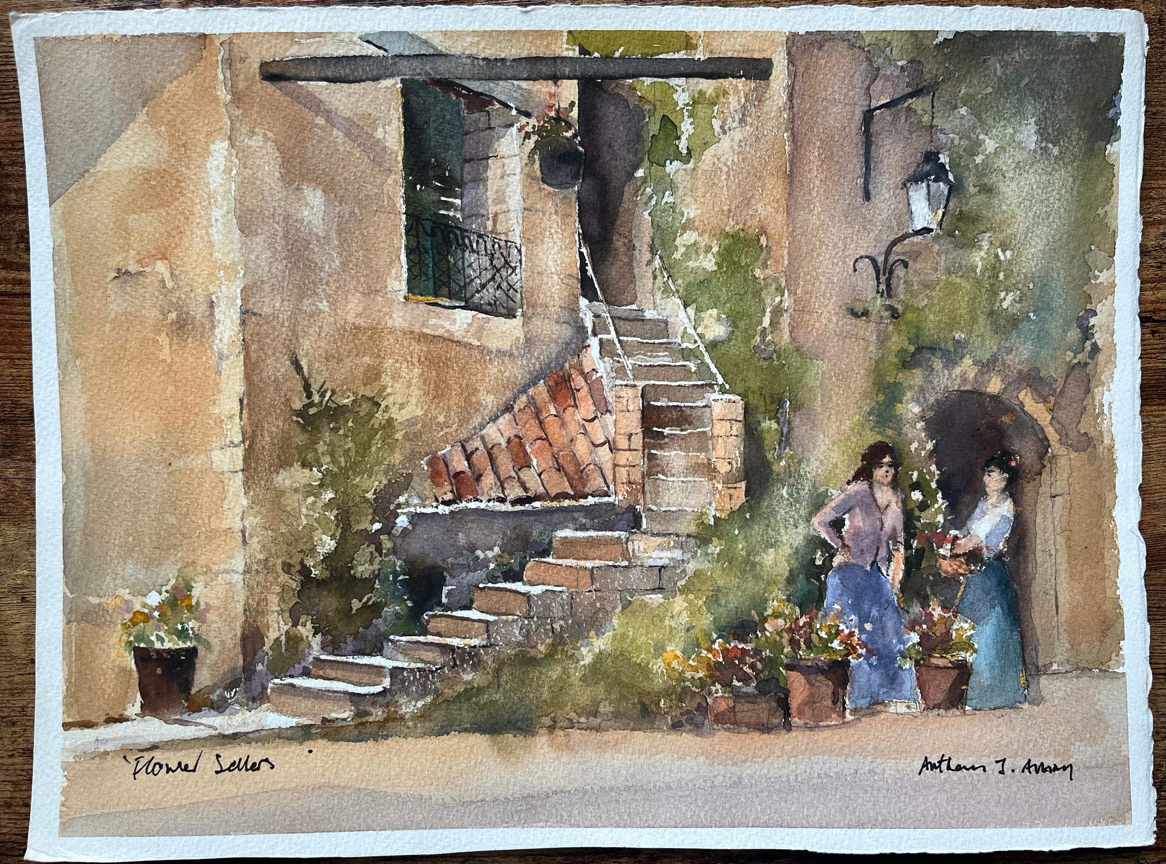 Britisches Aquarell eines rustikalen mediterranen Innenhofs mit Blumen Sellers – Painting von Anthony Avery