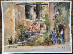 Aquarelle britannique d'une cour méditerranéenne rustique avec des Sellers de fleurs