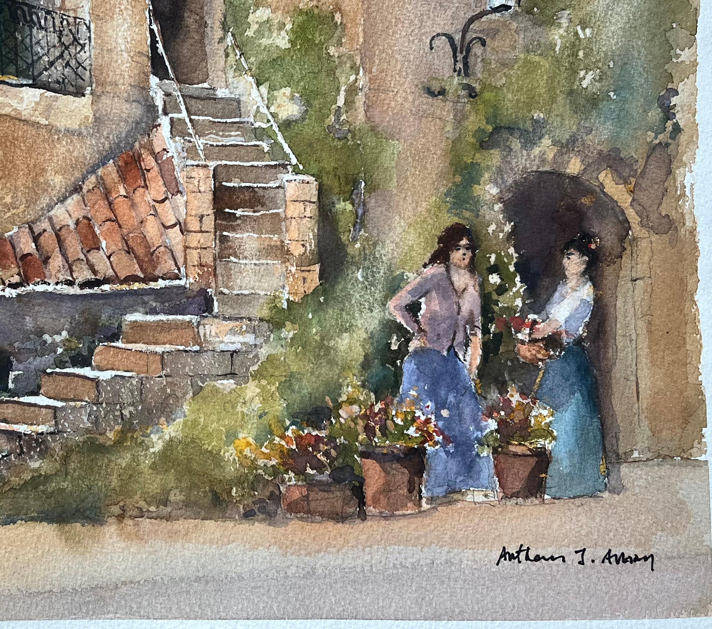Britisches Aquarell eines rustikalen mediterranen Innenhofs mit Blumen Sellers (Impressionismus), Painting, von Anthony Avery