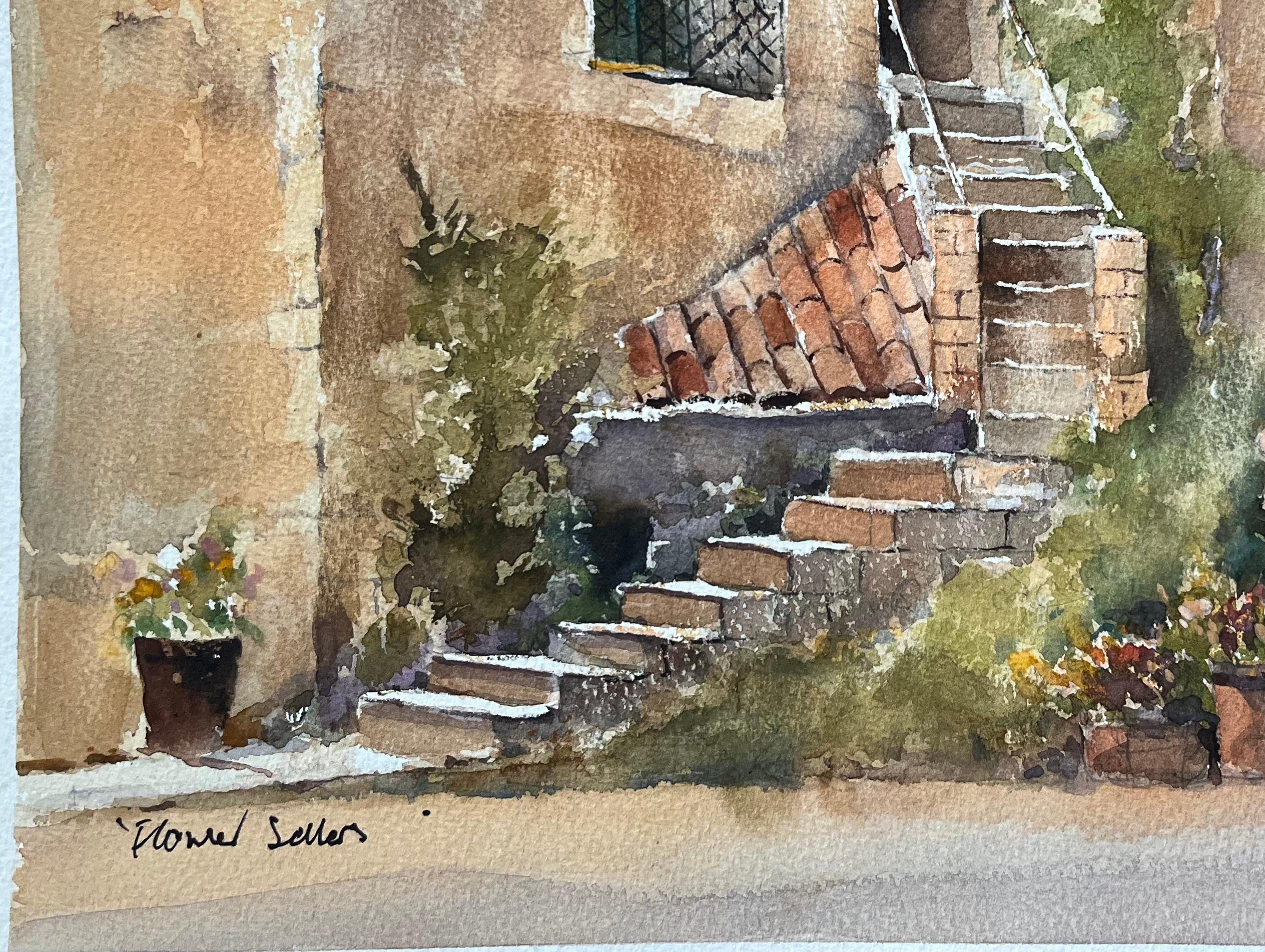 Titel: Britisches Aquarell eines rustikalen mediterranen Innenhofs mit Blumen Sellers
Von Anthony Avery (Brite 1946-2023)
Original-Aquarell auf Künstlerpapier, ungerahmt
Unterschrieben: Ja
Abmessungen: 11,25 x 15 Zoll (Höhe x Breite)
Zustand: Gut,