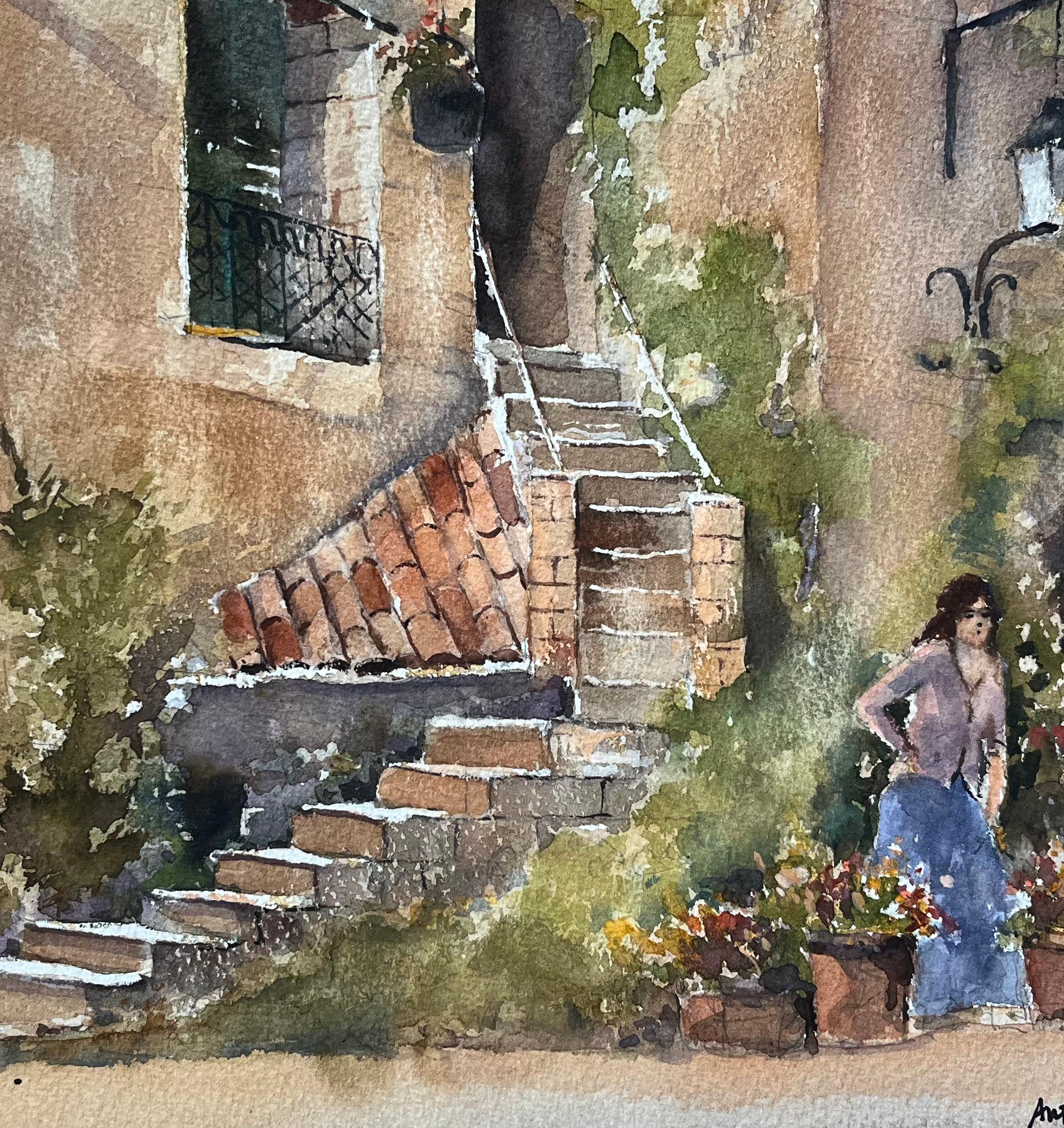 Britisches Aquarell eines rustikalen mediterranen Innenhofs mit Blumen Sellers im Angebot 1