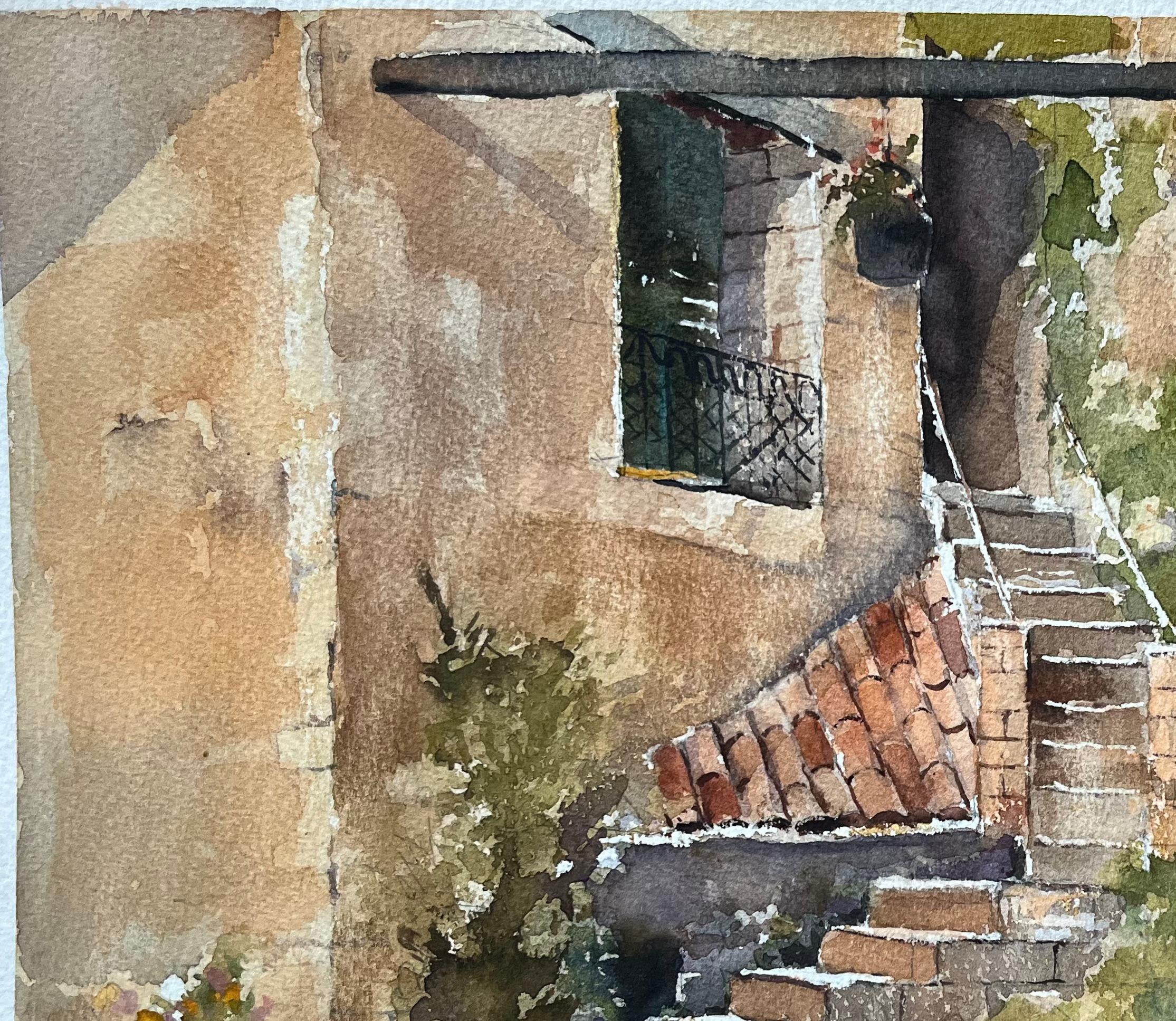 Britisches Aquarell eines rustikalen mediterranen Innenhofs mit Blumen Sellers im Angebot 2