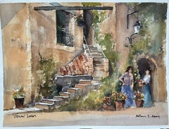 Used British Watercolor of a Rustic Mediterranean Courtyard with Flower Sellers