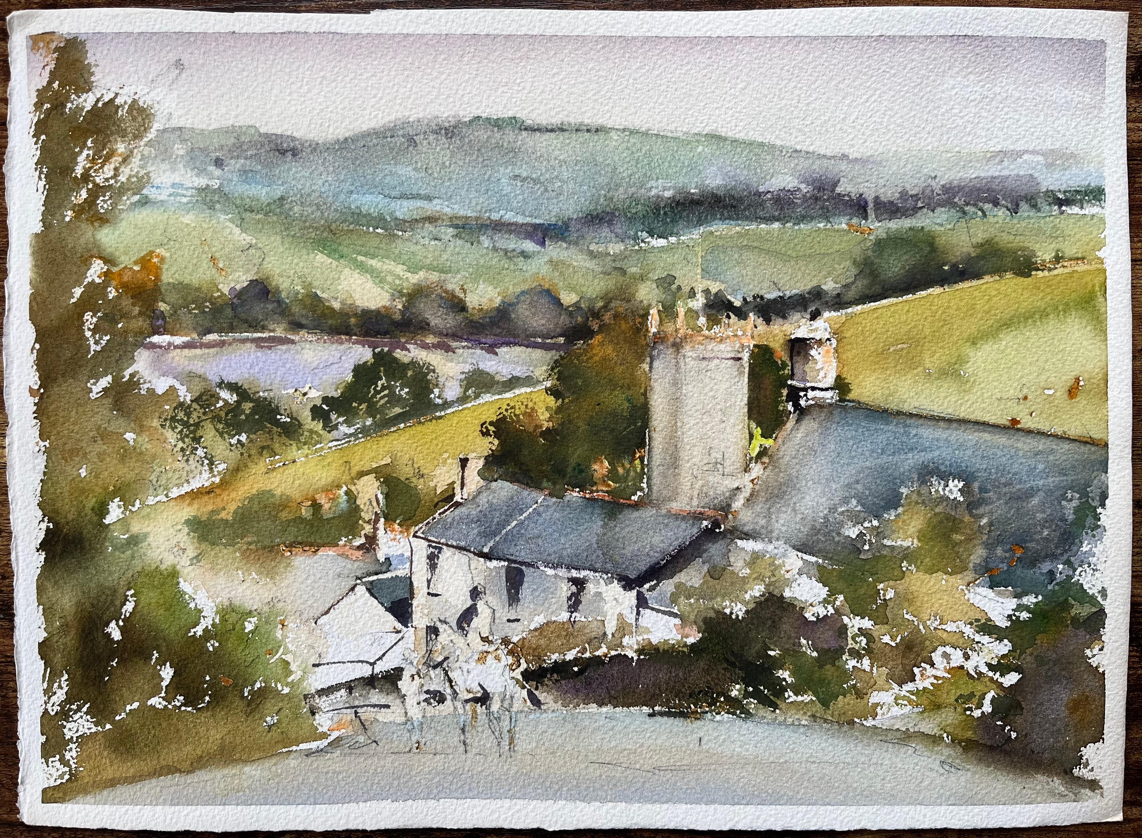 Aquarelle britannique d'une vue panoramique d'un village de campagne avec cheval et cavalier - Painting de Anthony Avery