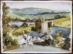 British Watercolor of a Scenic Countryside Village Overlook with Horse and Rider