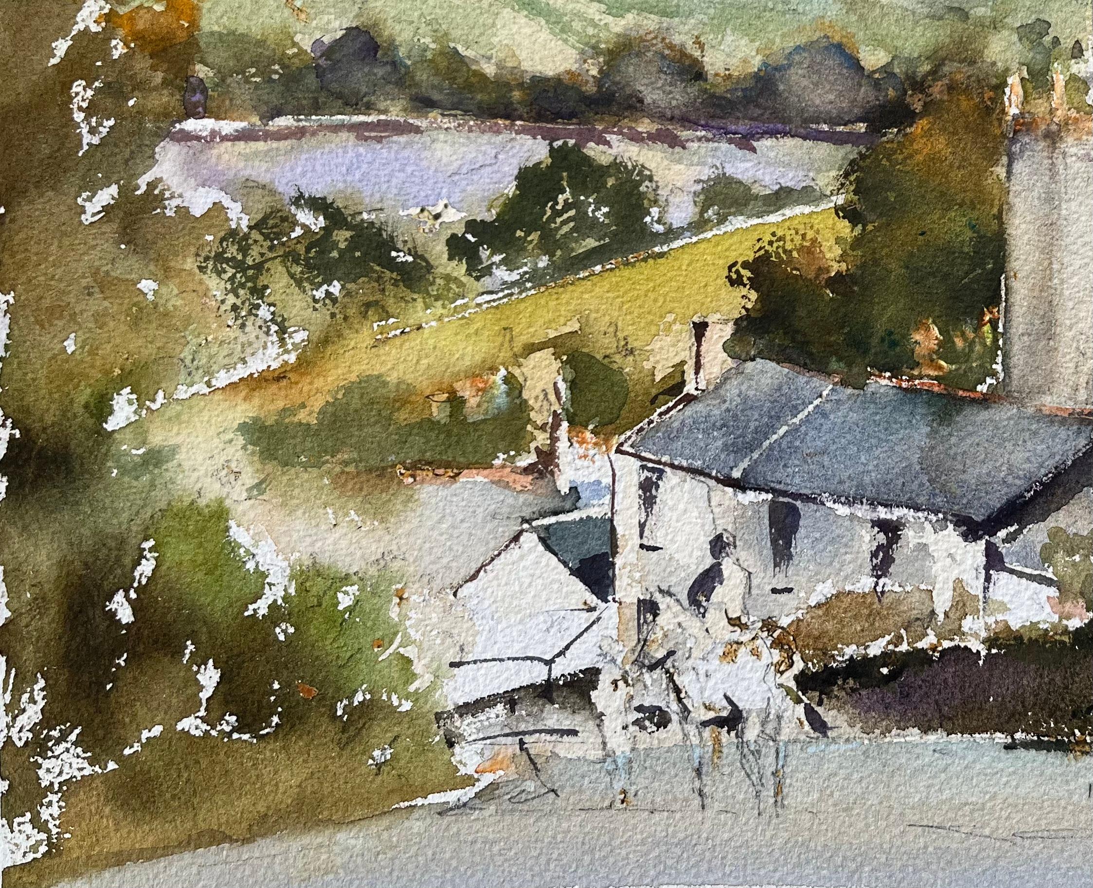 Aquarelle britannique d'une vue panoramique d'un village de campagne avec cheval et cavalier - Gris Landscape Painting par Anthony Avery