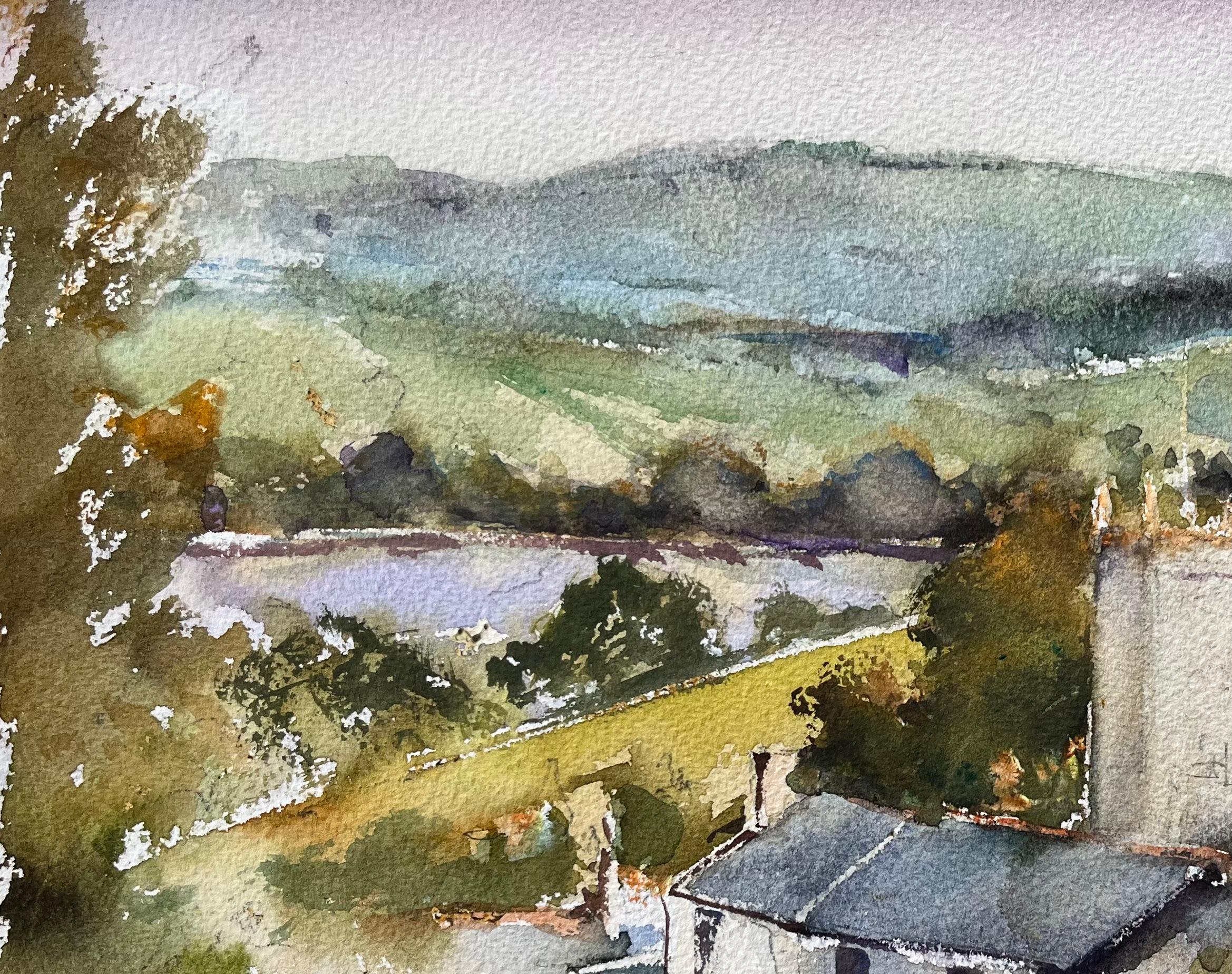 Aquarelle britannique d'une vue panoramique d'un village de campagne avec cheval et cavalier en vente 1