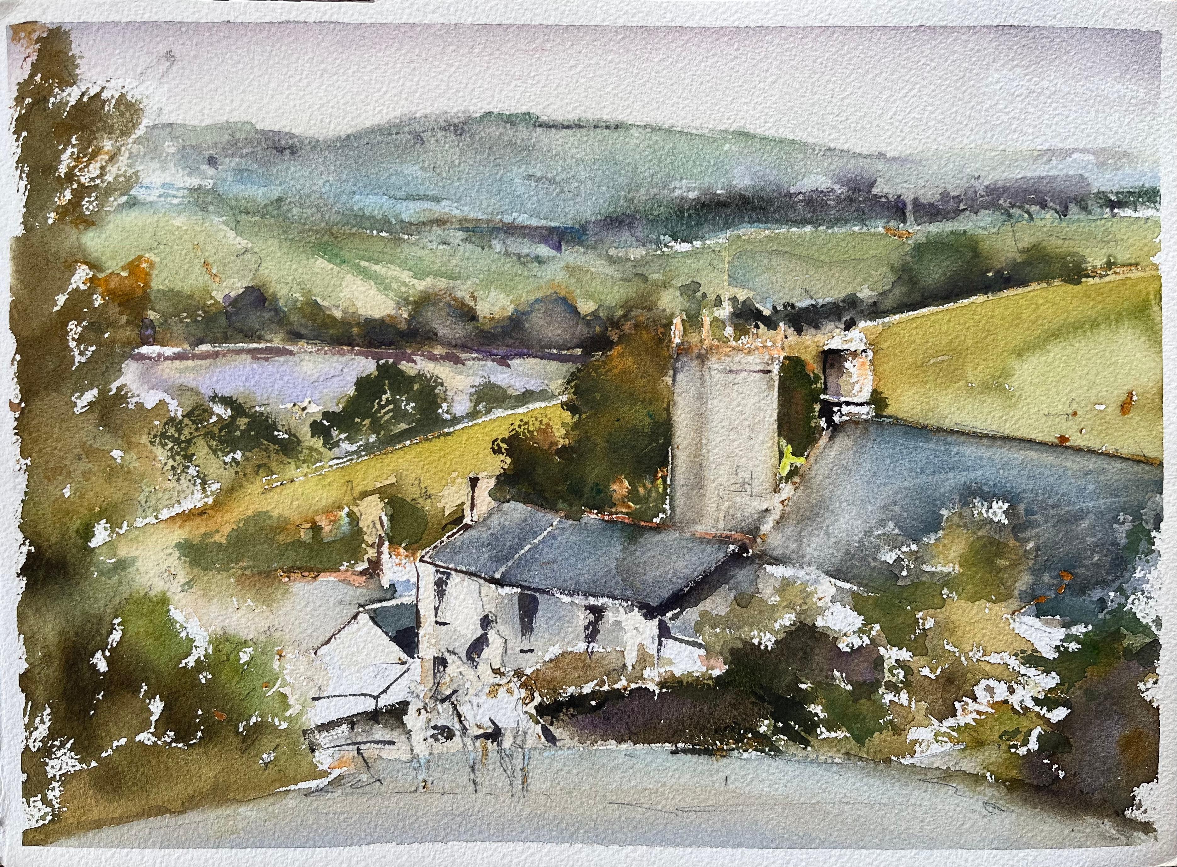Landscape Painting Anthony Avery - Aquarelle britannique d'une vue panoramique d'un village de campagne avec cheval et cavalier