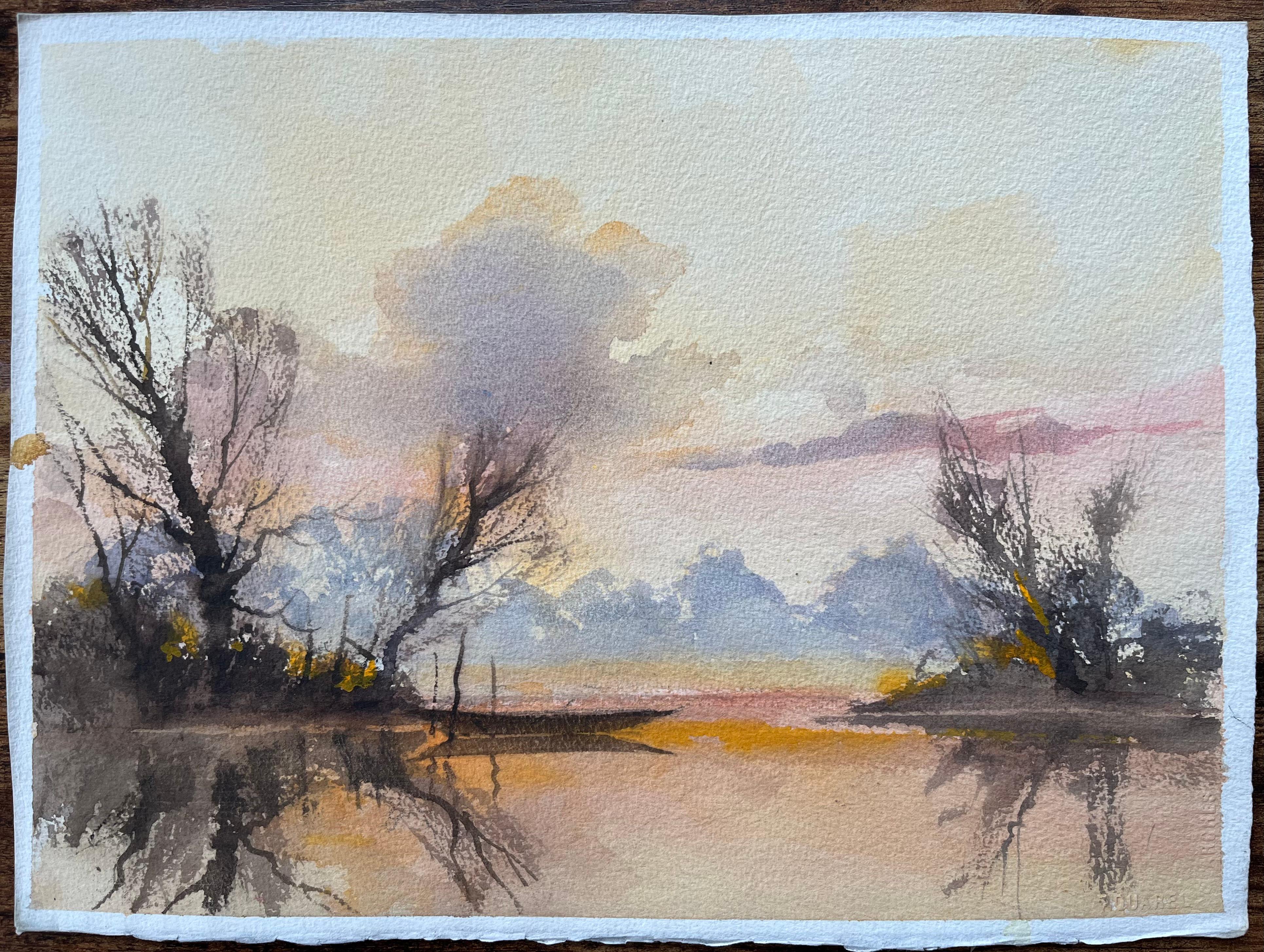 Acquerello britannico di un sereno paesaggio fluviale al crepuscolo con barca - Painting di Anthony Avery