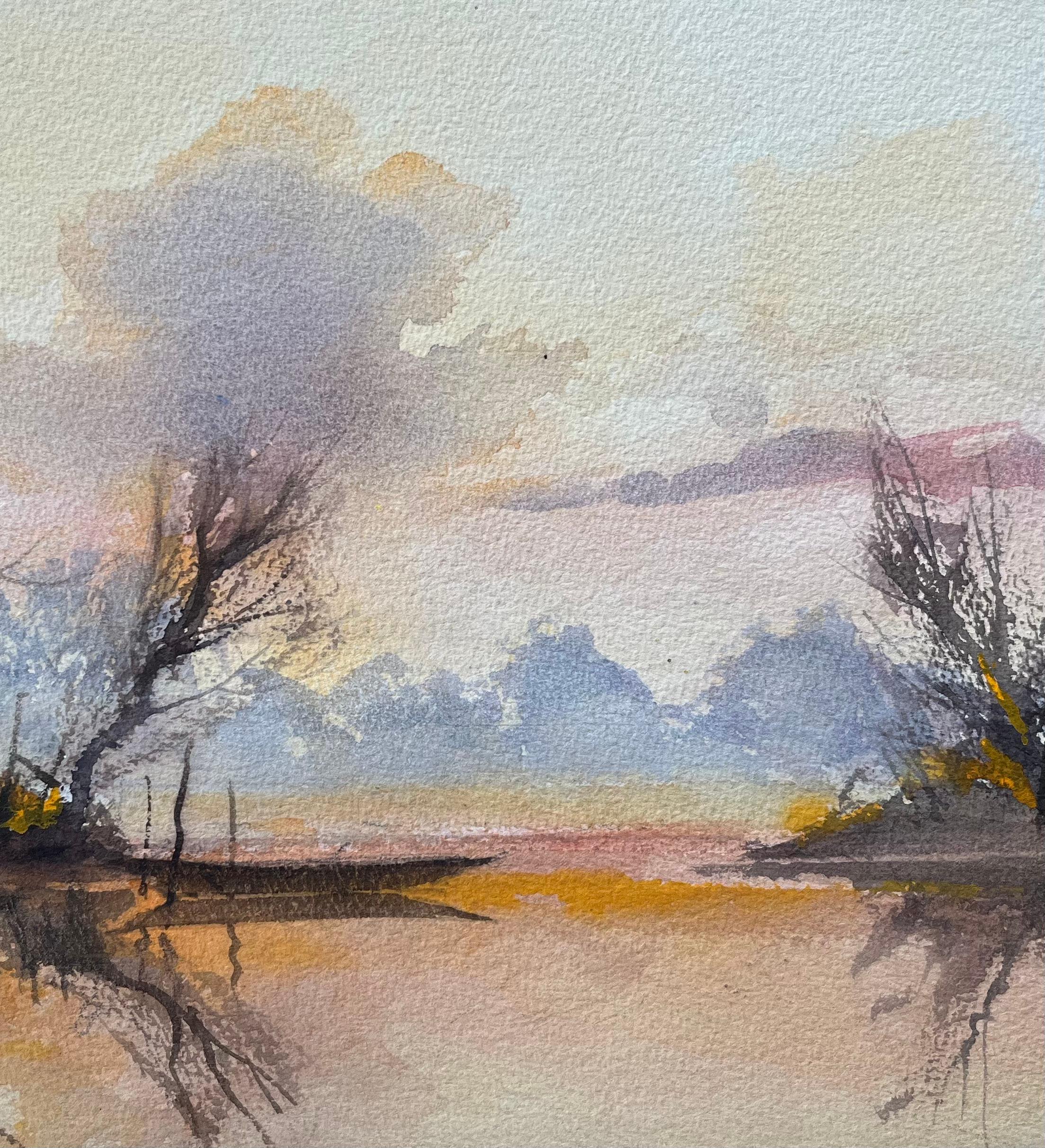Acquerello britannico di un sereno paesaggio fluviale al crepuscolo con barca - Landscape Painting Grigio di Anthony Avery