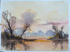 Aquarelle britannique d'un paysage fluvial serein au crépuscule avec un bateau