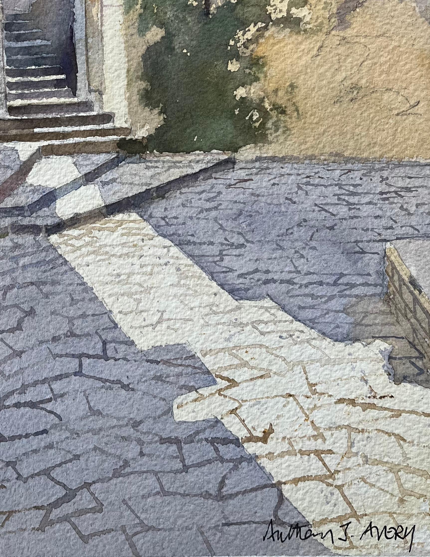 Britisches Aquarell eines Steinhofs und rustikales spanisches Tor (Impressionismus), Painting, von Anthony Avery