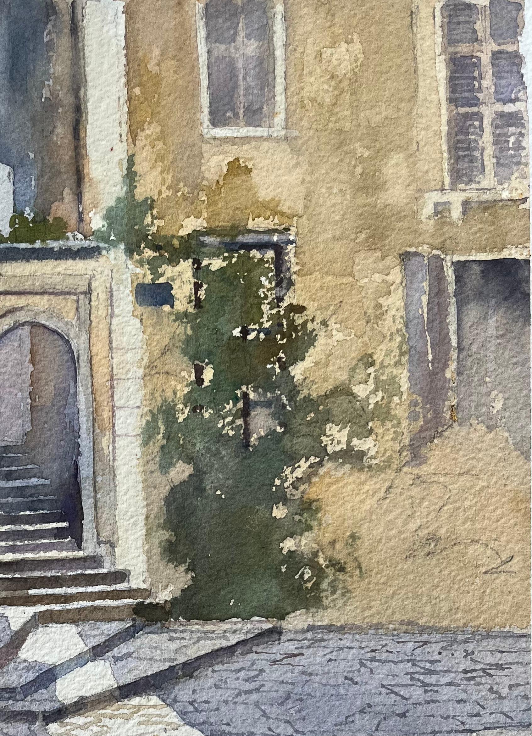 Britisches Aquarell eines Steinhofs und rustikales spanisches Tor im Angebot 1