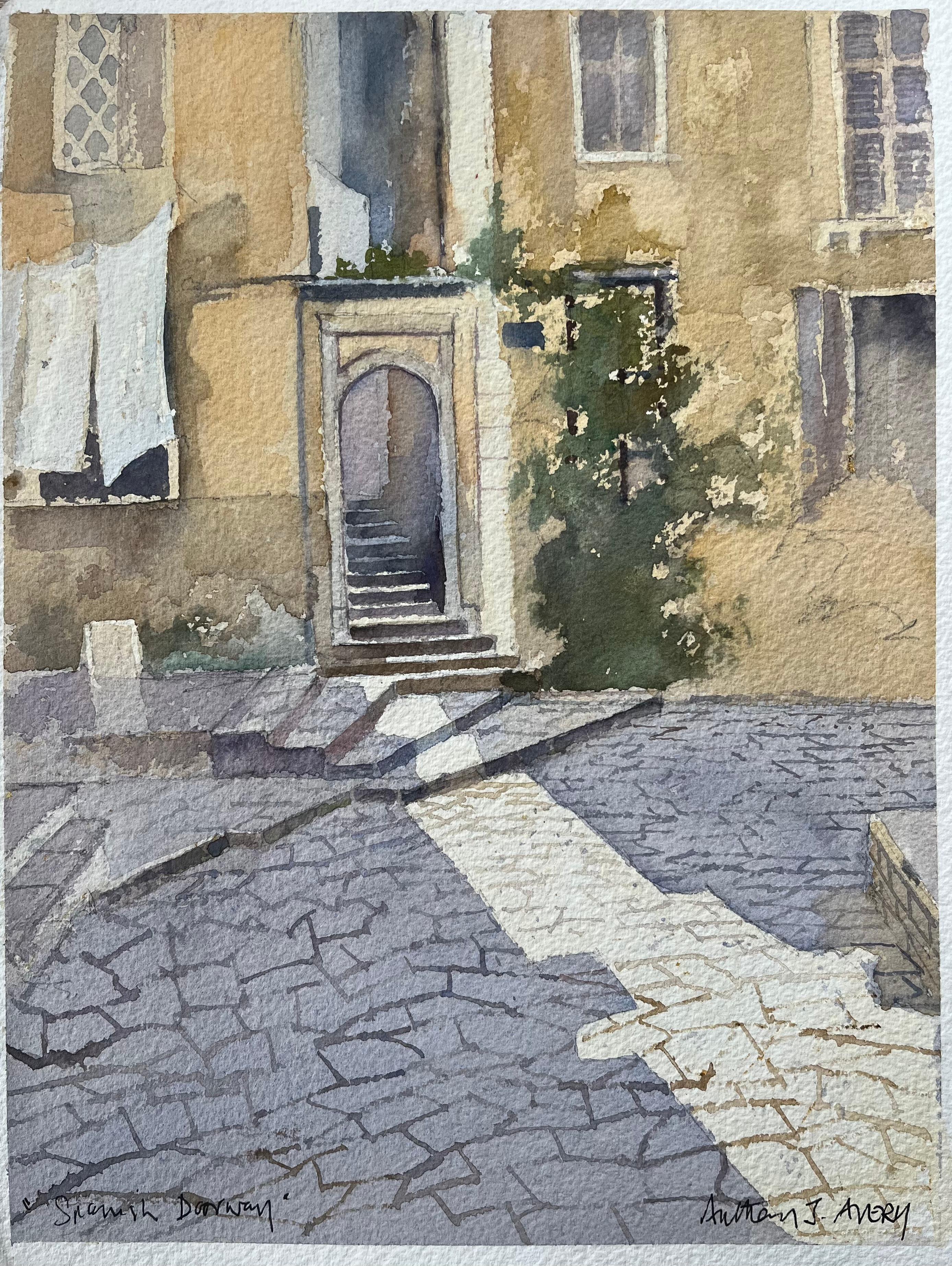 Britisches Aquarell eines Steinhofs und rustikales spanisches Tor