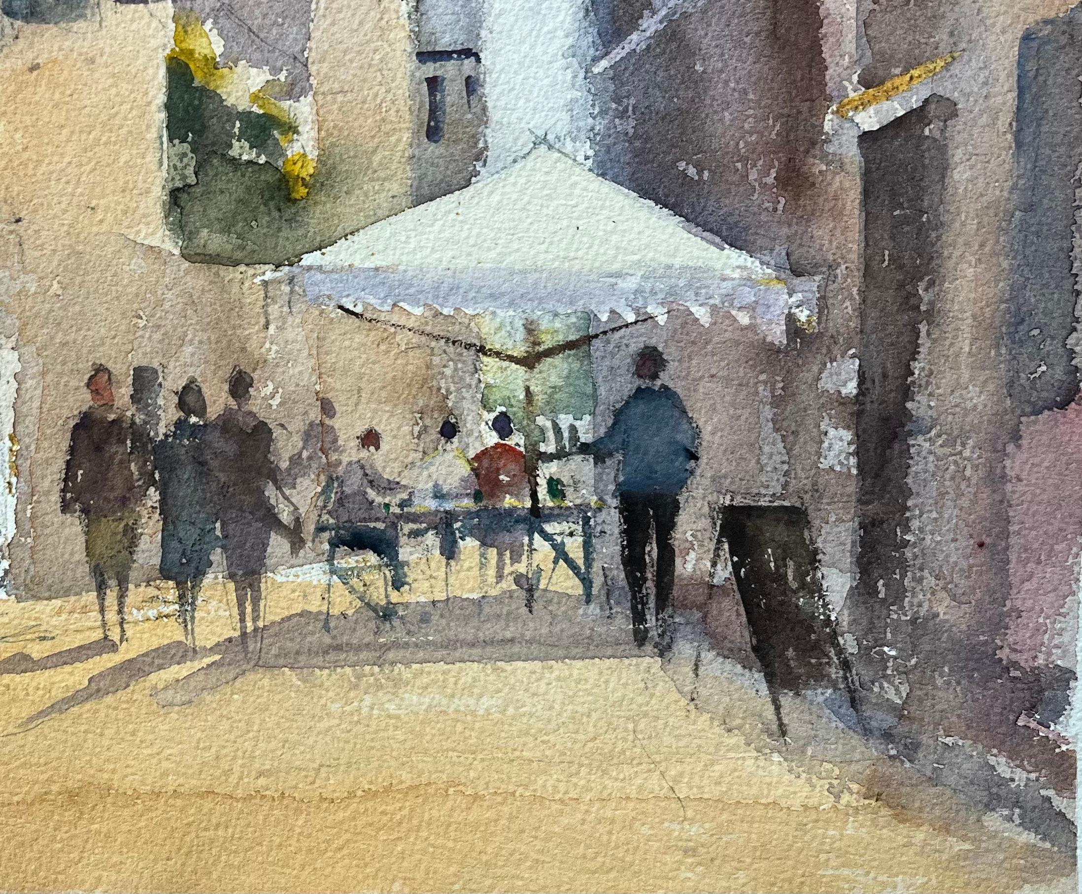 Acquerello britannico di una scena di strada con lavanderia appesa e caffè all'aperto - Painting Impressionismo di Anthony Avery