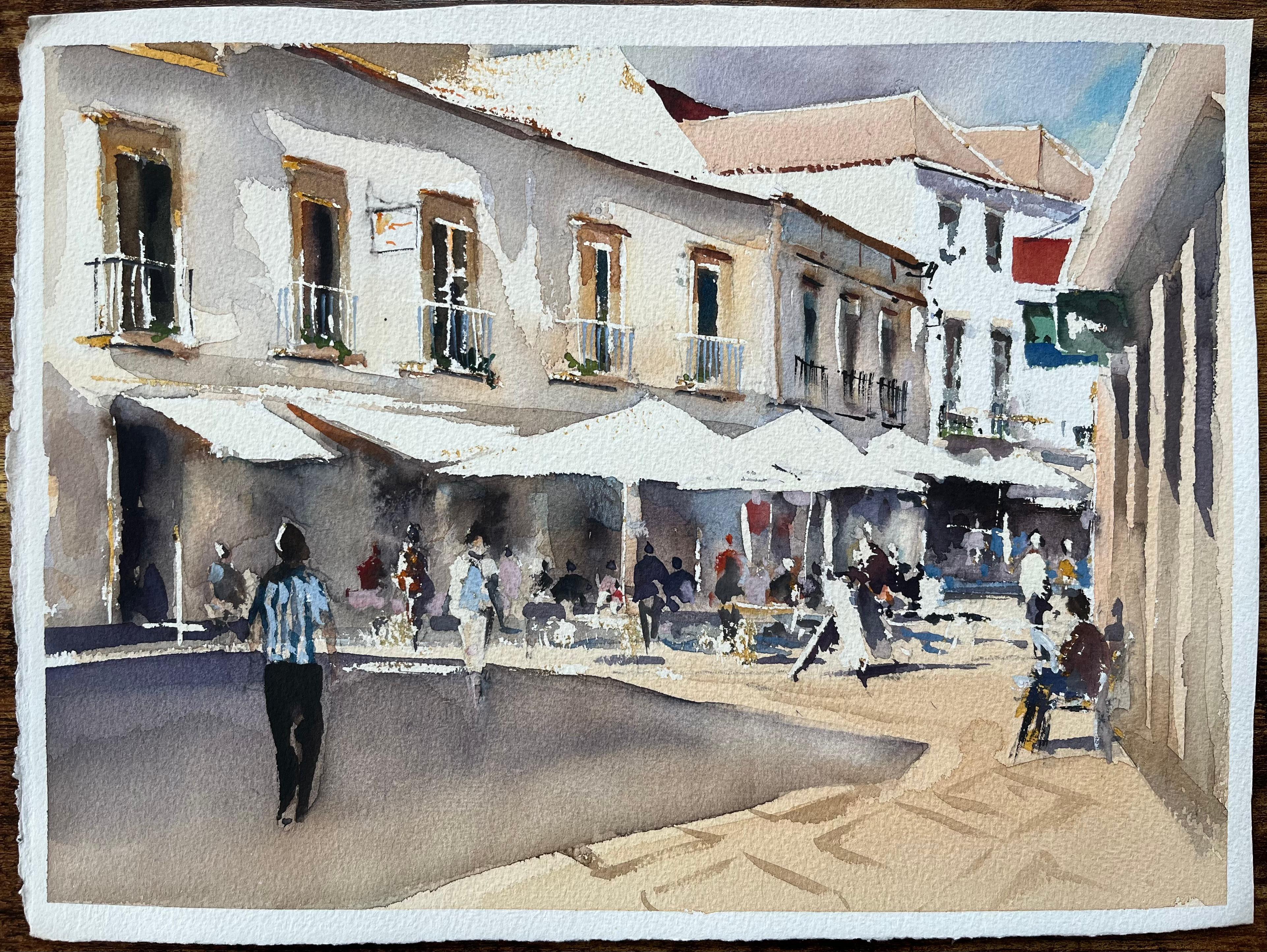 British Watercolor of a Sunlit European Market Street Scene - Painting by Anthony Avery