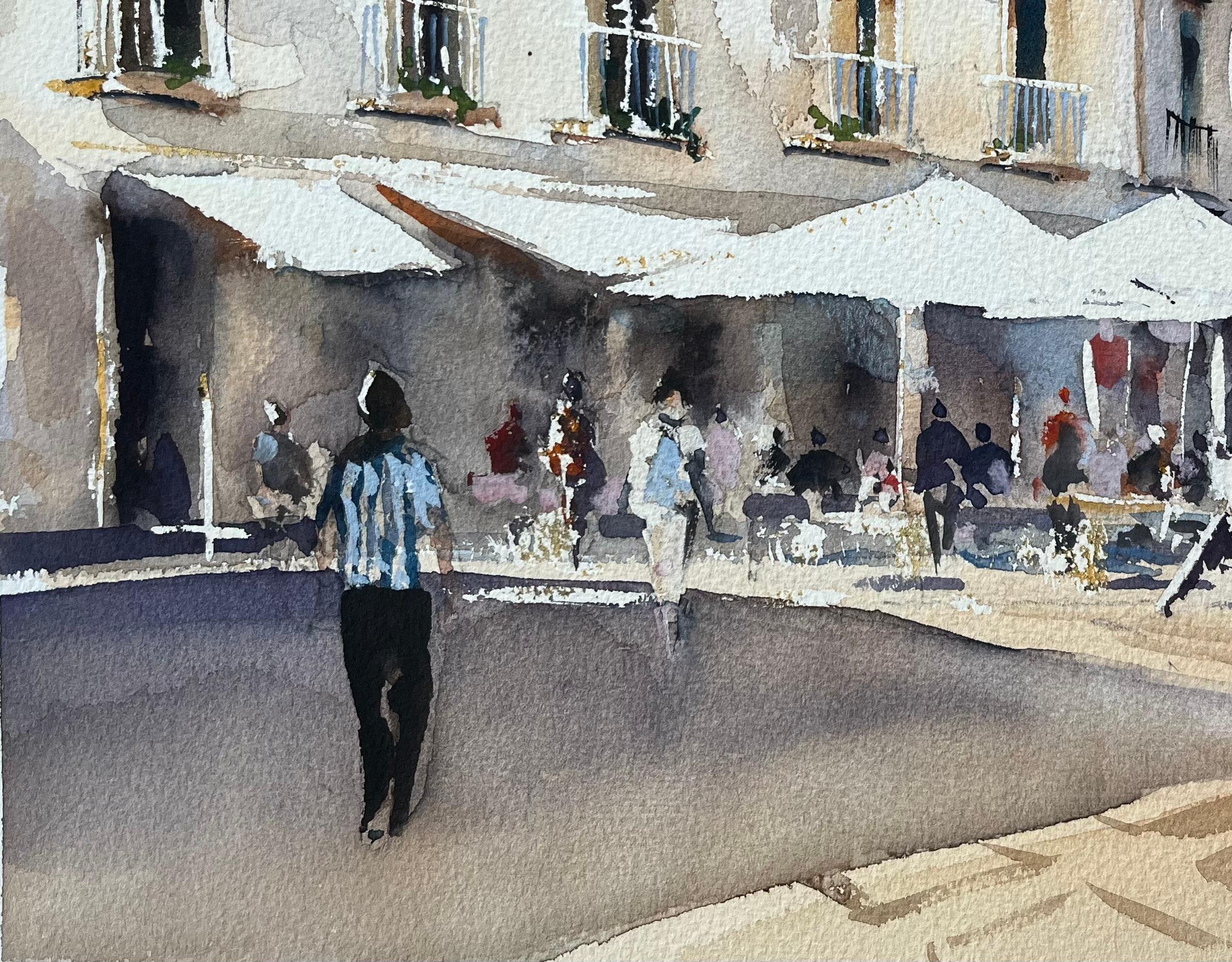 British Watercolor of a Sunlit European Market Street Scene - Impressionist Painting by Anthony Avery