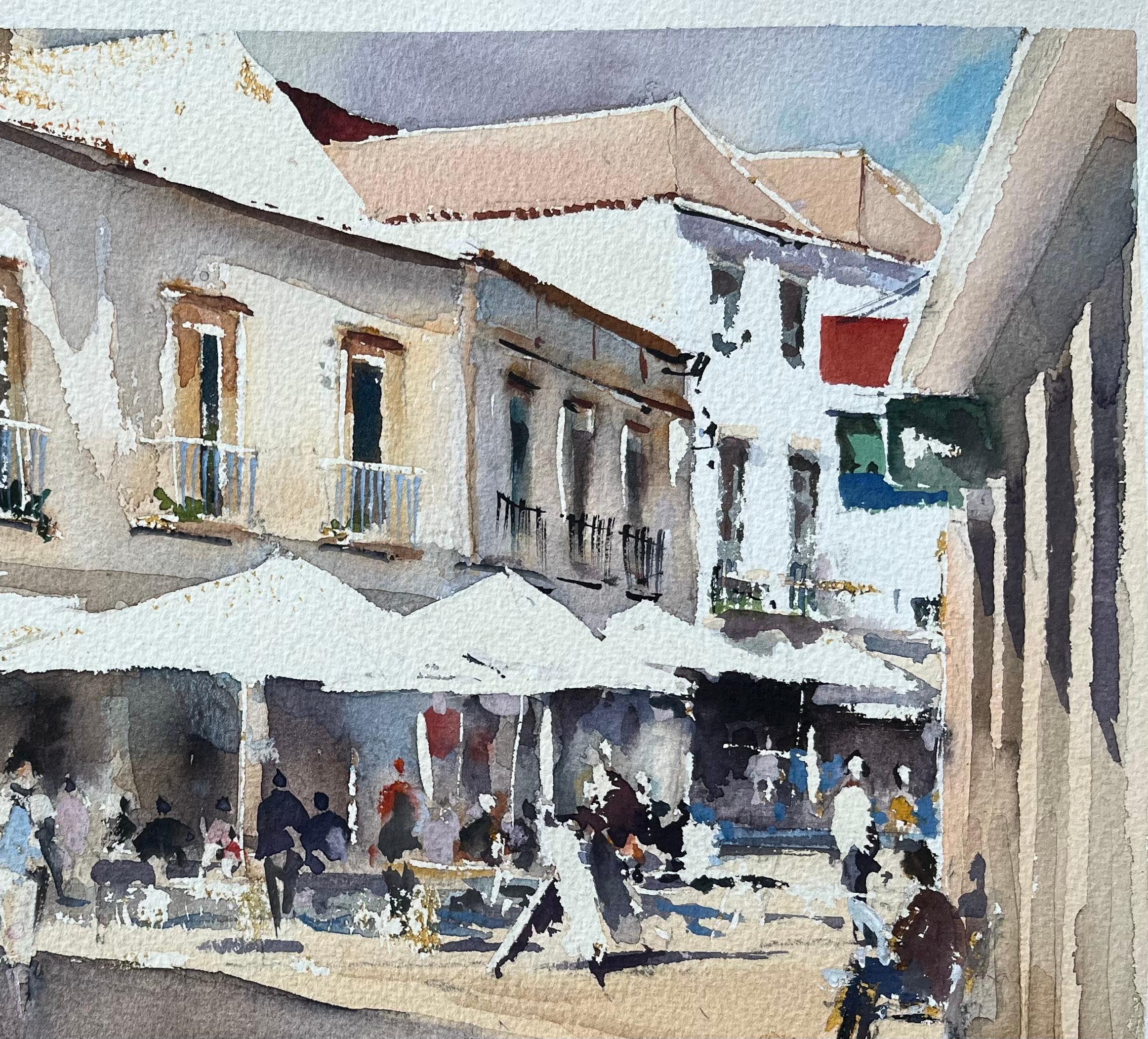 British Watercolor of a Sunlit European Market Street Scene - Gray Landscape Painting by Anthony Avery