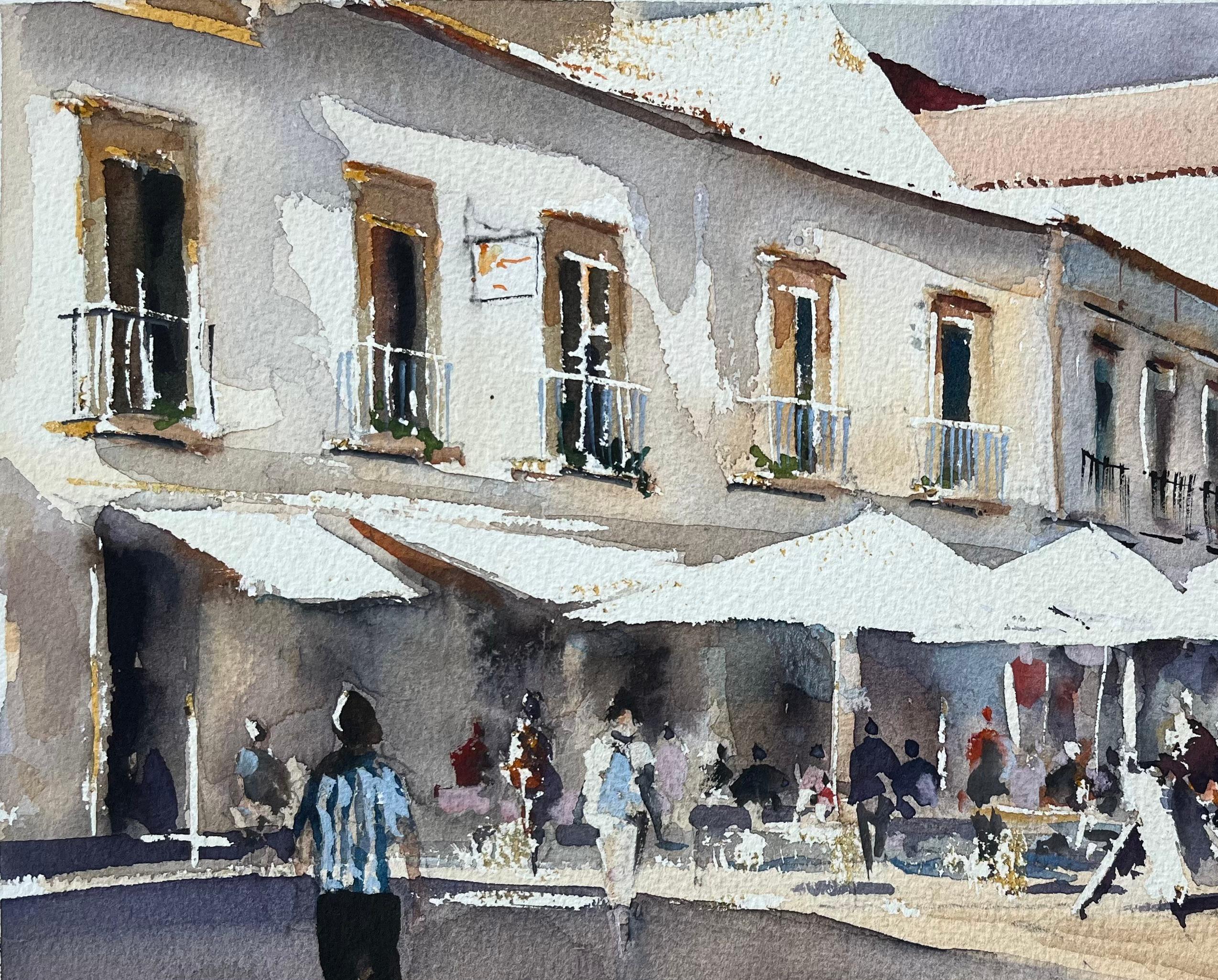 Title: British Watercolor of a Sunlit European Market Street Scene
By Anthony Avery (British 1946-2023)
Original watercolor on artists paper, unframed
Dimensions: 11.25 x 15 inches (Height x Width)
Condition: Good, with some minor signs of
