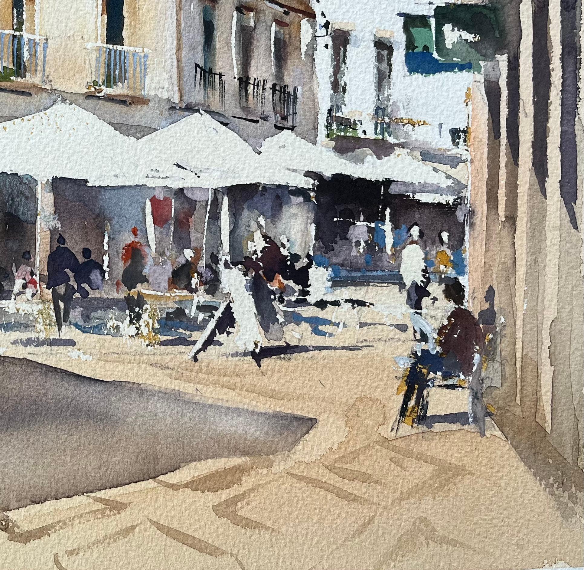 British Watercolor of a Sunlit European Market Street Scene For Sale 2