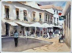 British Watercolor of a Sunlit European Market Street Scene